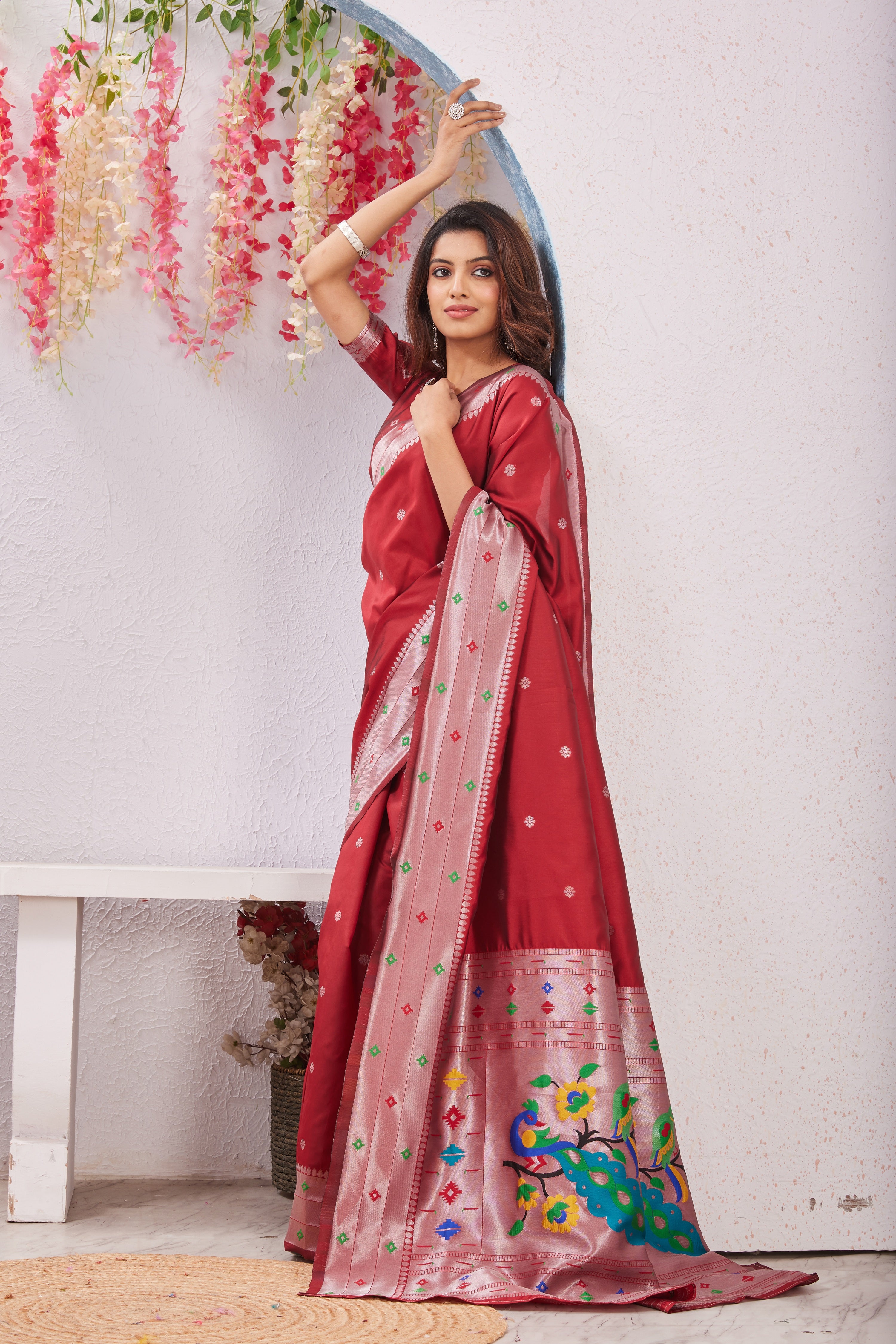 Red Banarasi Silk Saree with Peacock Motif, Rich Pallu & Jacquard Jari Work