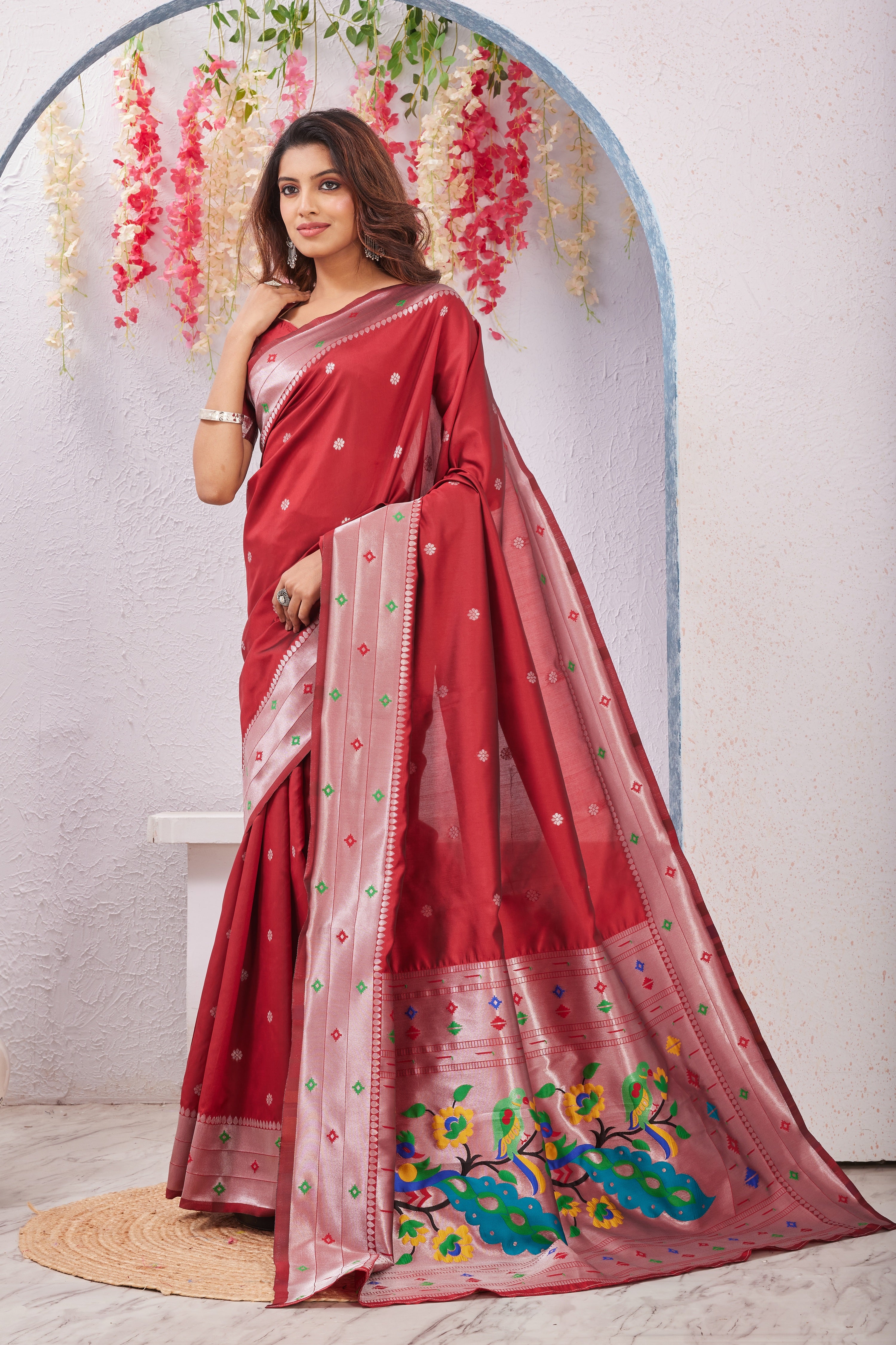 Red Banarasi Silk Saree with Peacock Motif, Rich Pallu & Jacquard Jari Work