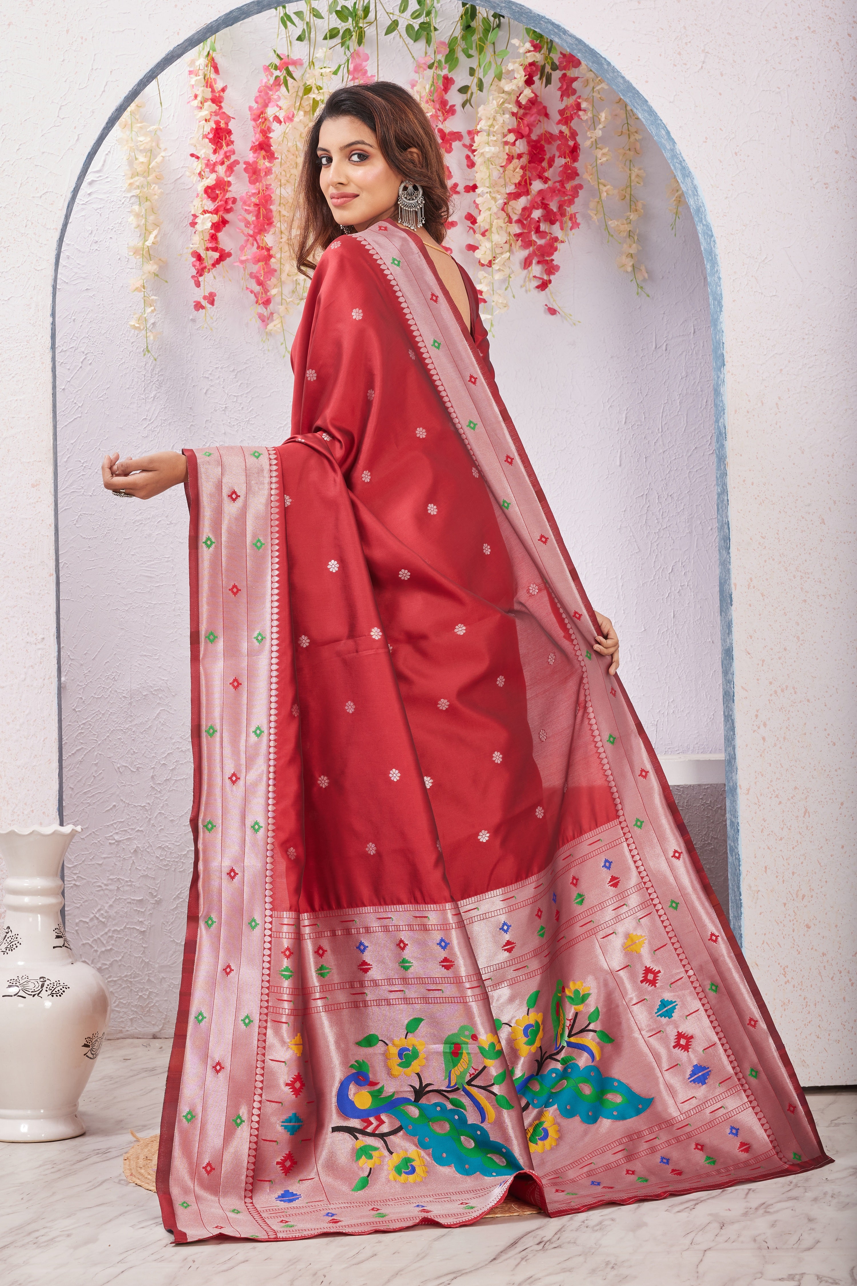 Red Banarasi Silk Saree with Peacock Motif, Rich Pallu & Jacquard Jari Work