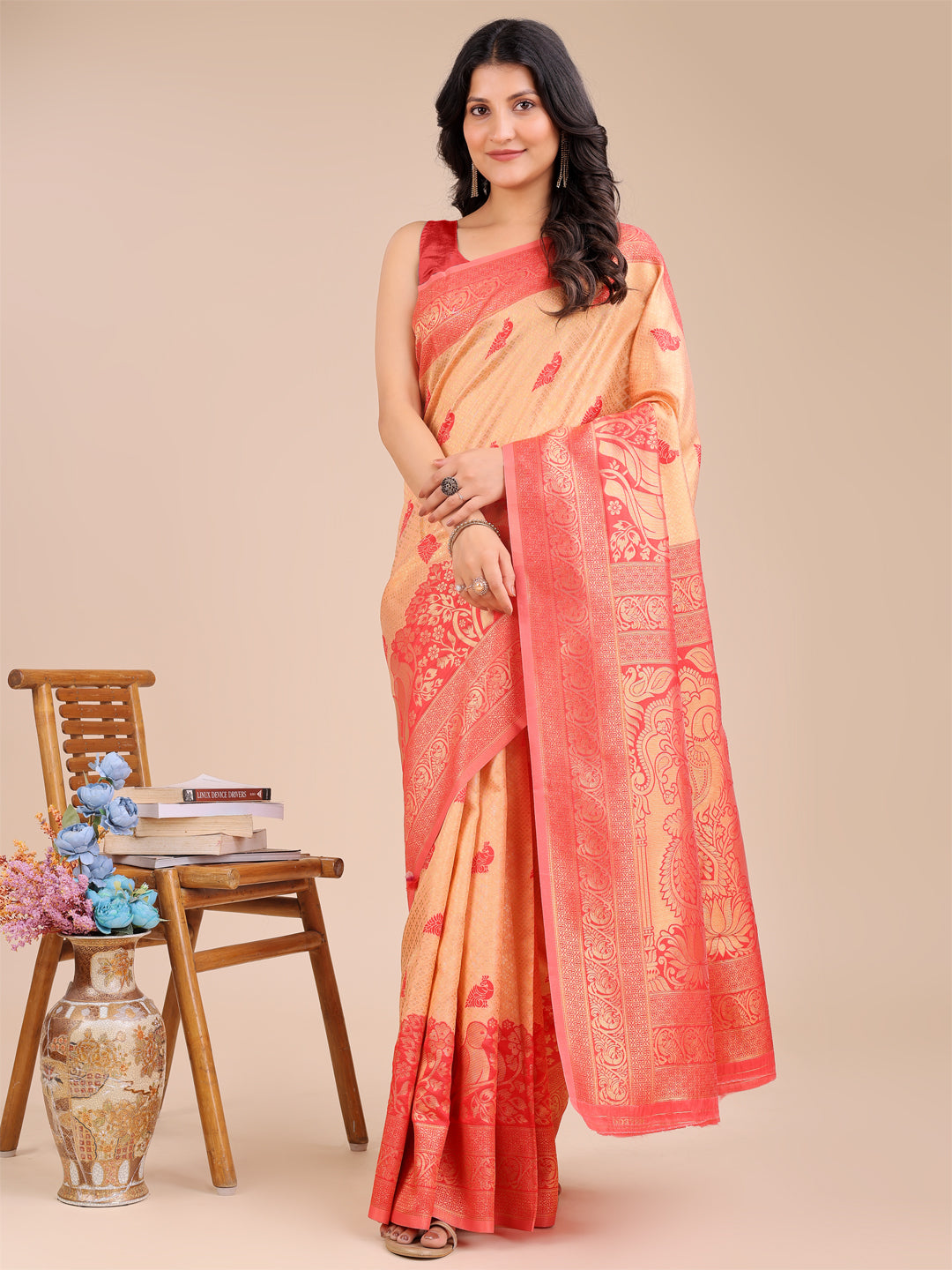Red Banarasi Silk Woven Jacquard Designer Graceful Ceremonial Saree
