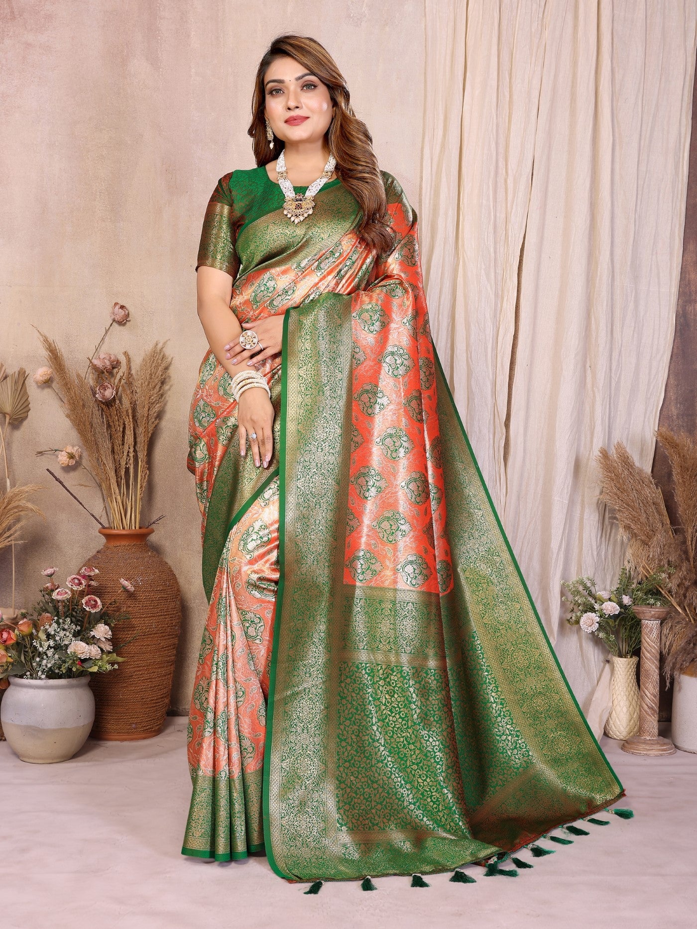 Red Banarasi Tissue Silk Saree With Traditional Weaving