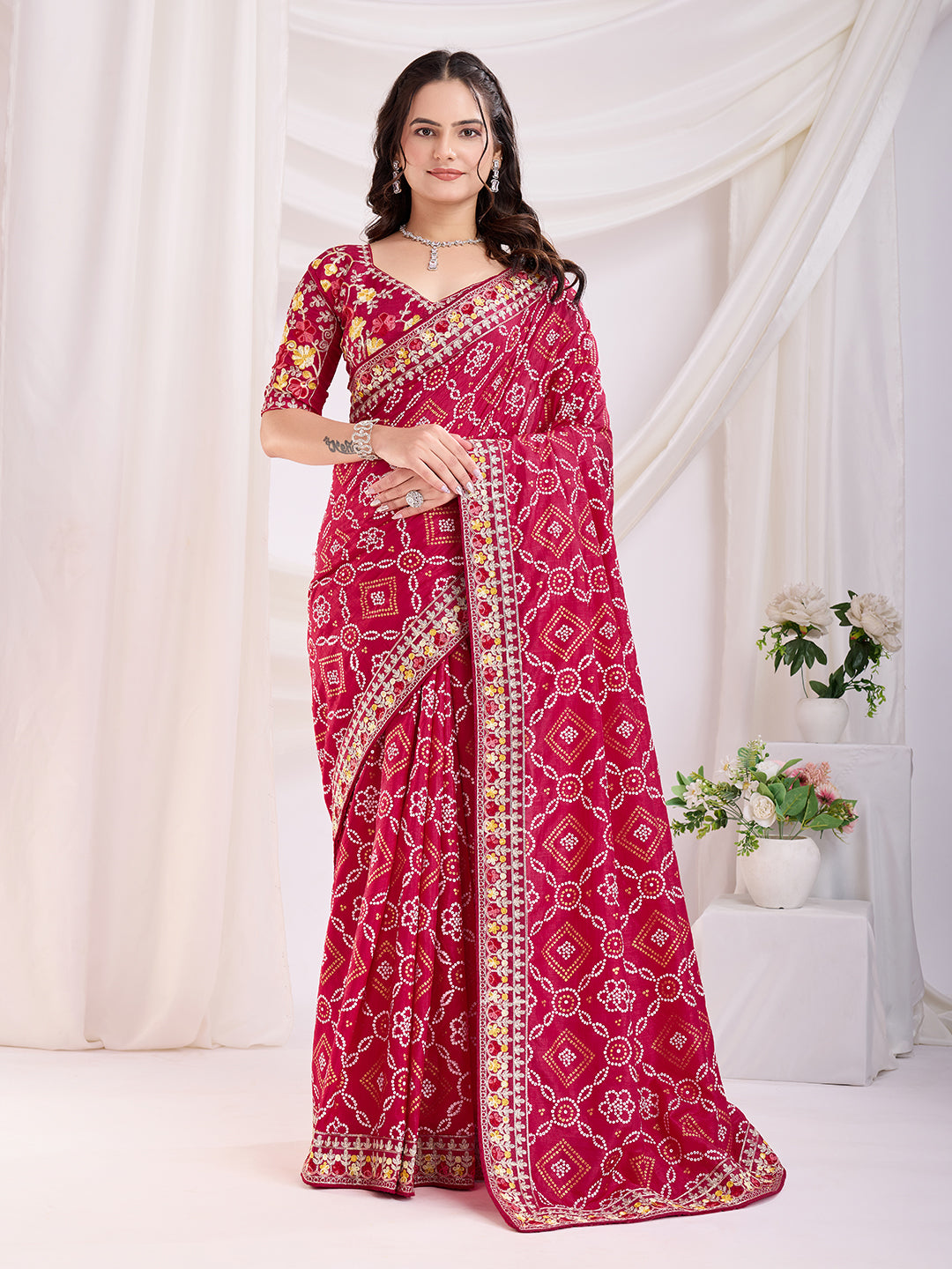 Red Bandhani Printed With Embroidery Work Beautiful Ceremonial Saree