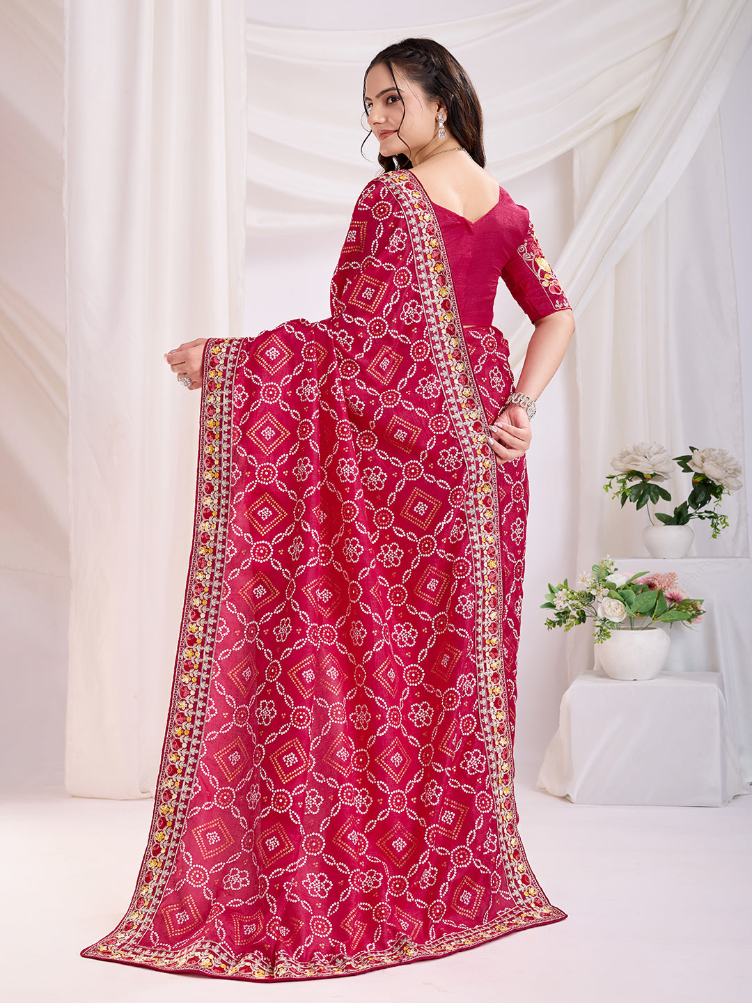 Red Bandhani Printed With Embroidery Work Beautiful Ceremonial Saree