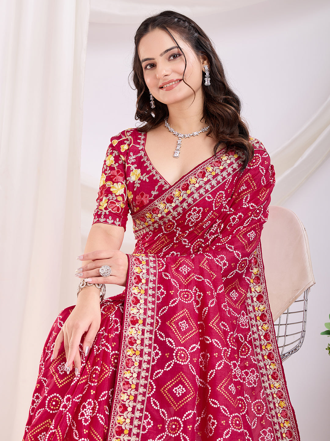 Red Bandhani Printed With Embroidery Work Beautiful Ceremonial Saree