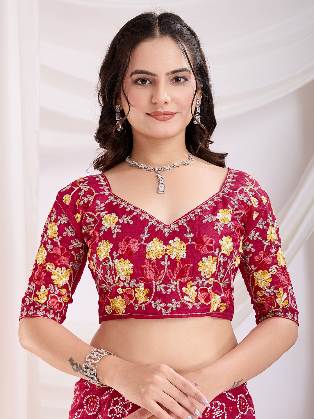 Red Bandhani Printed With Embroidery Work Beautiful Ceremonial Saree