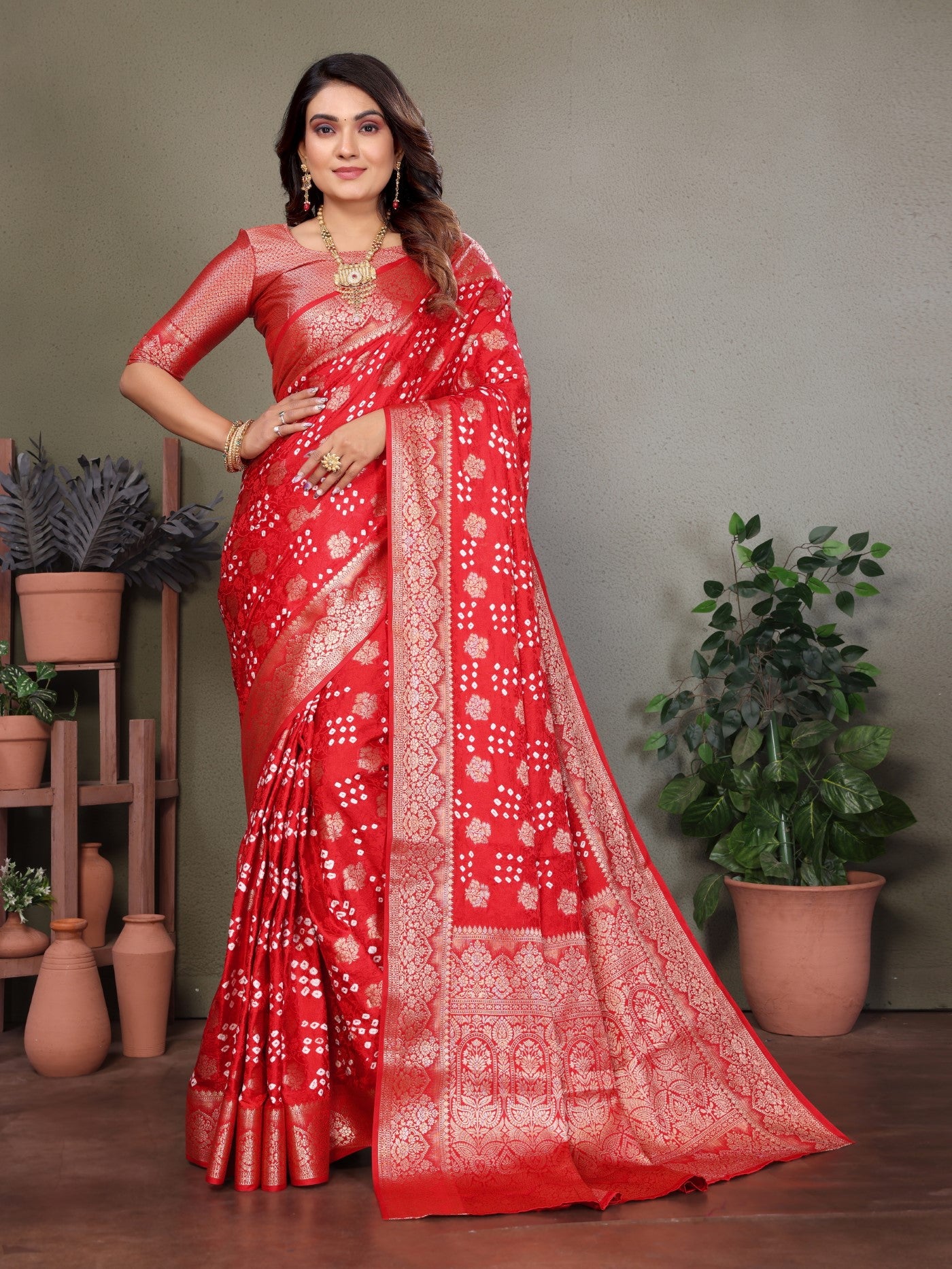 Red Bandhej Silk Saree With Elegant Zari Weaving