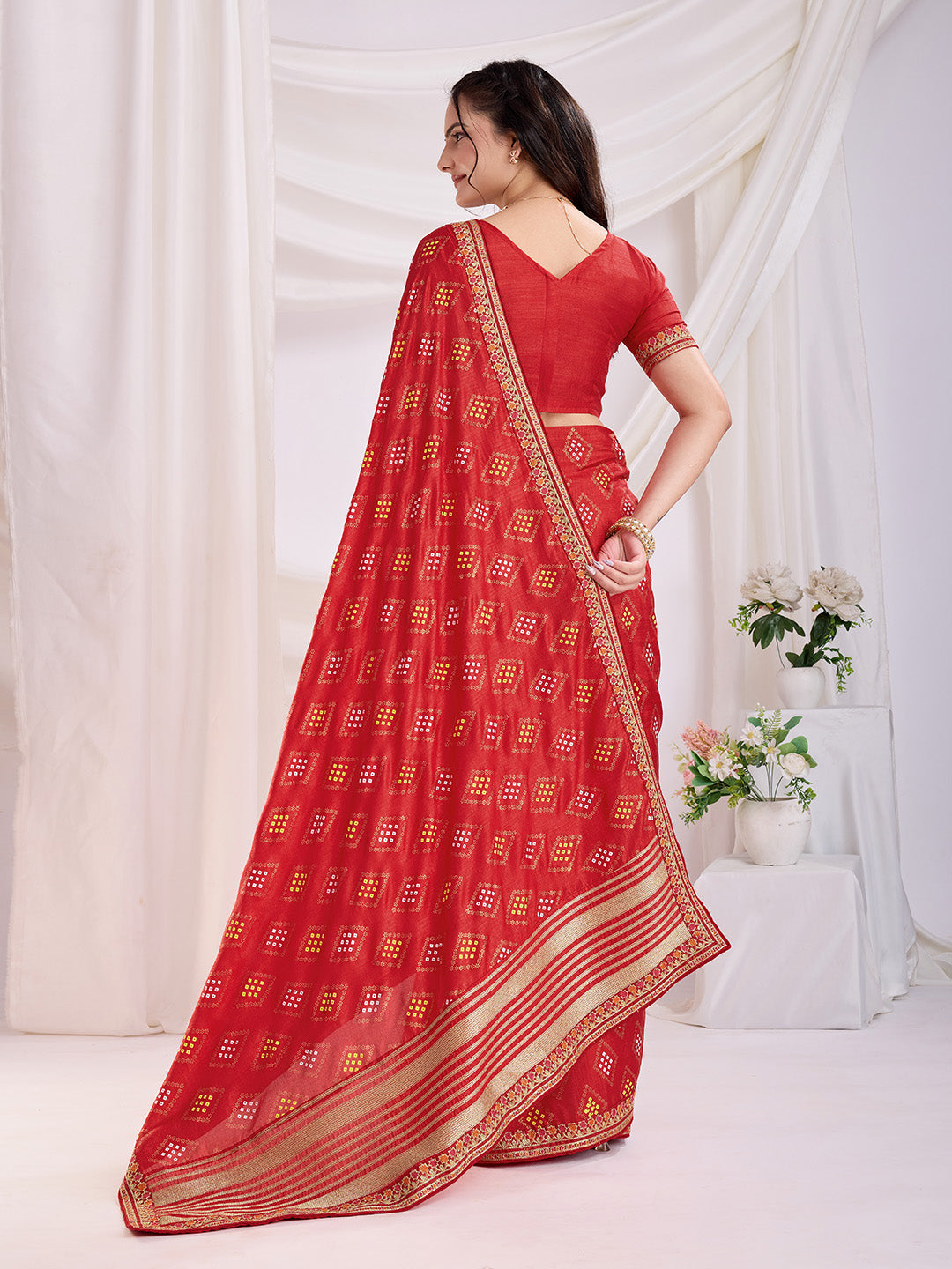 Red Beautiful Bandhej Printed With Embroidery Work Vichitra Silk Saree