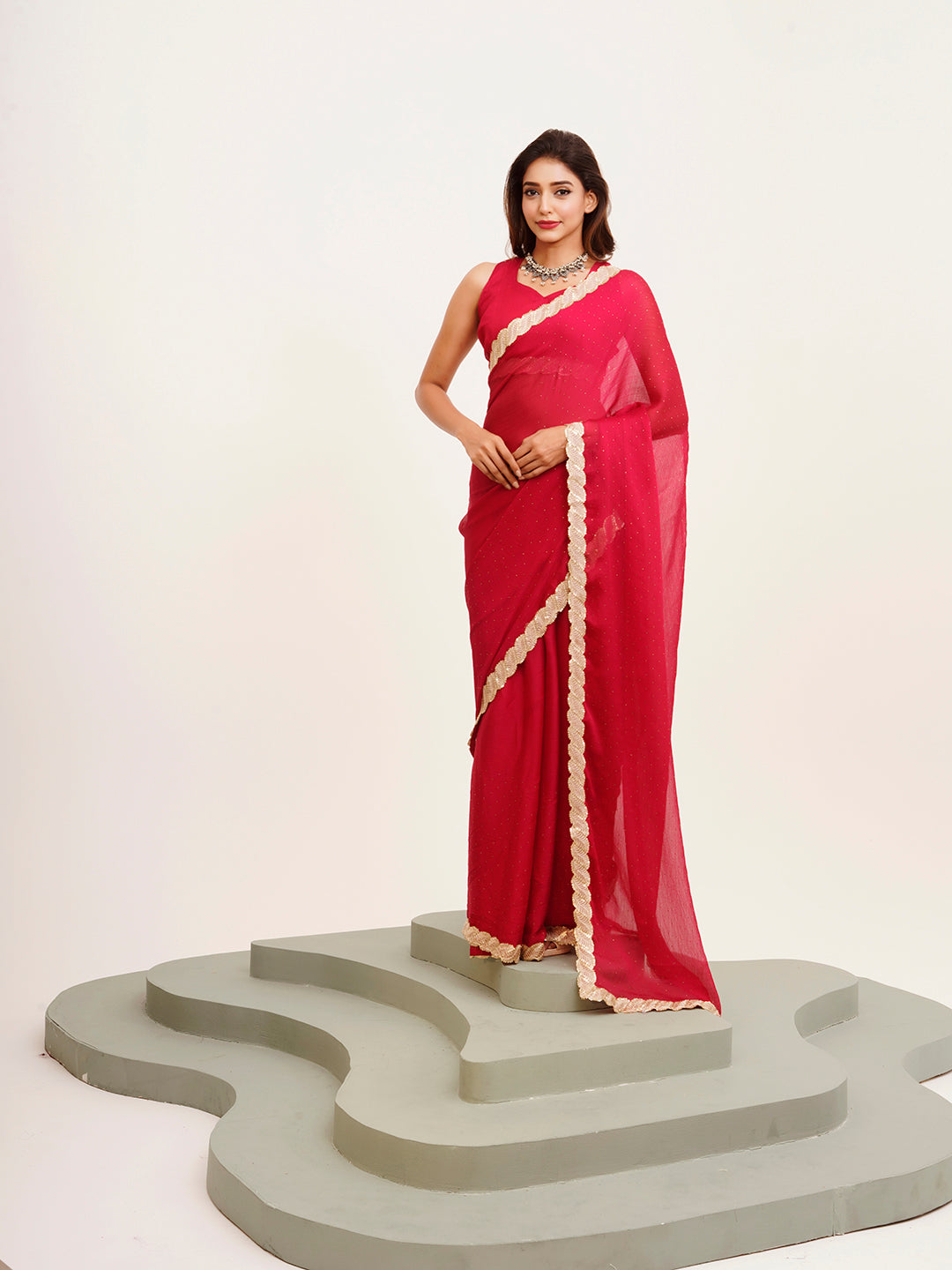 Red Beautiful Partywear Embellished Sequinned Chiffon Saree