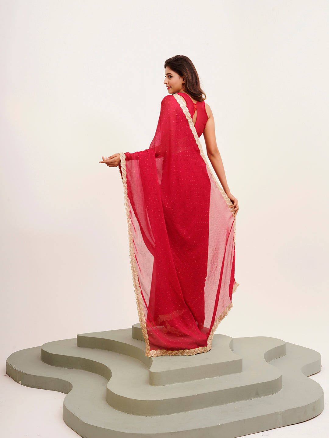 Red Beautiful Partywear Embellished Sequinned Chiffon Saree