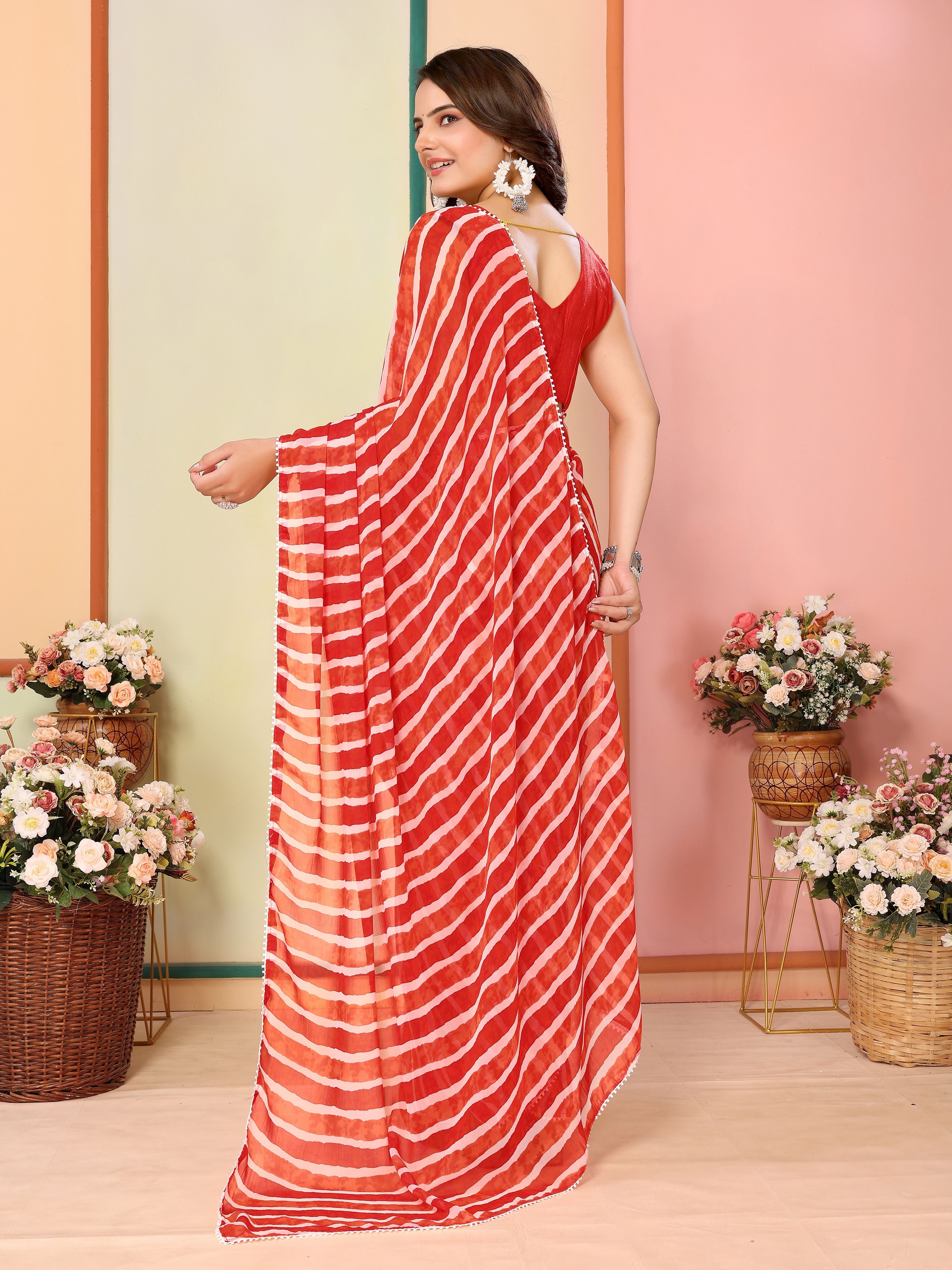 Red Beautiful Pinted Ready To Wear Ethnic Partywear Saree