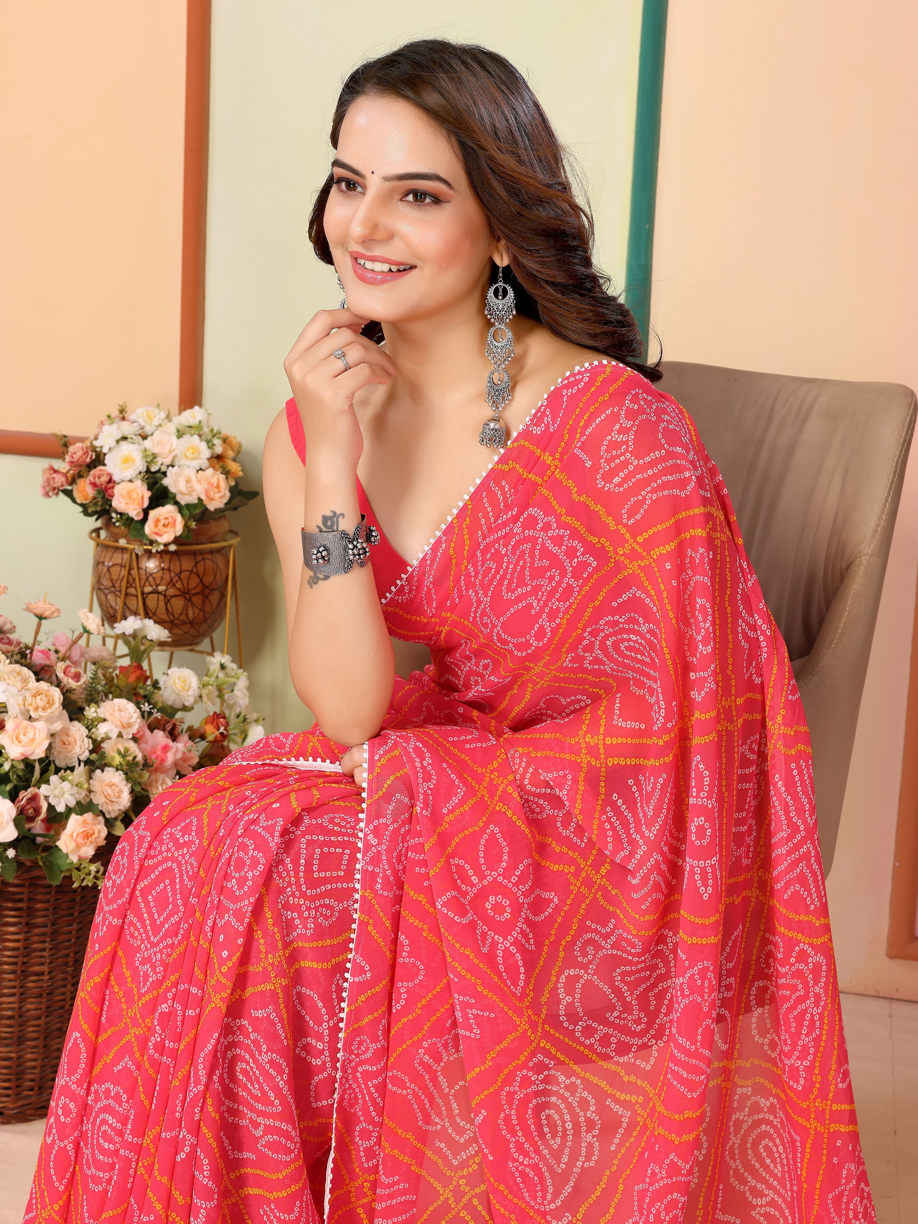 Red Beautiful Pinted Ready To Wear Ethnic Partywear Saree