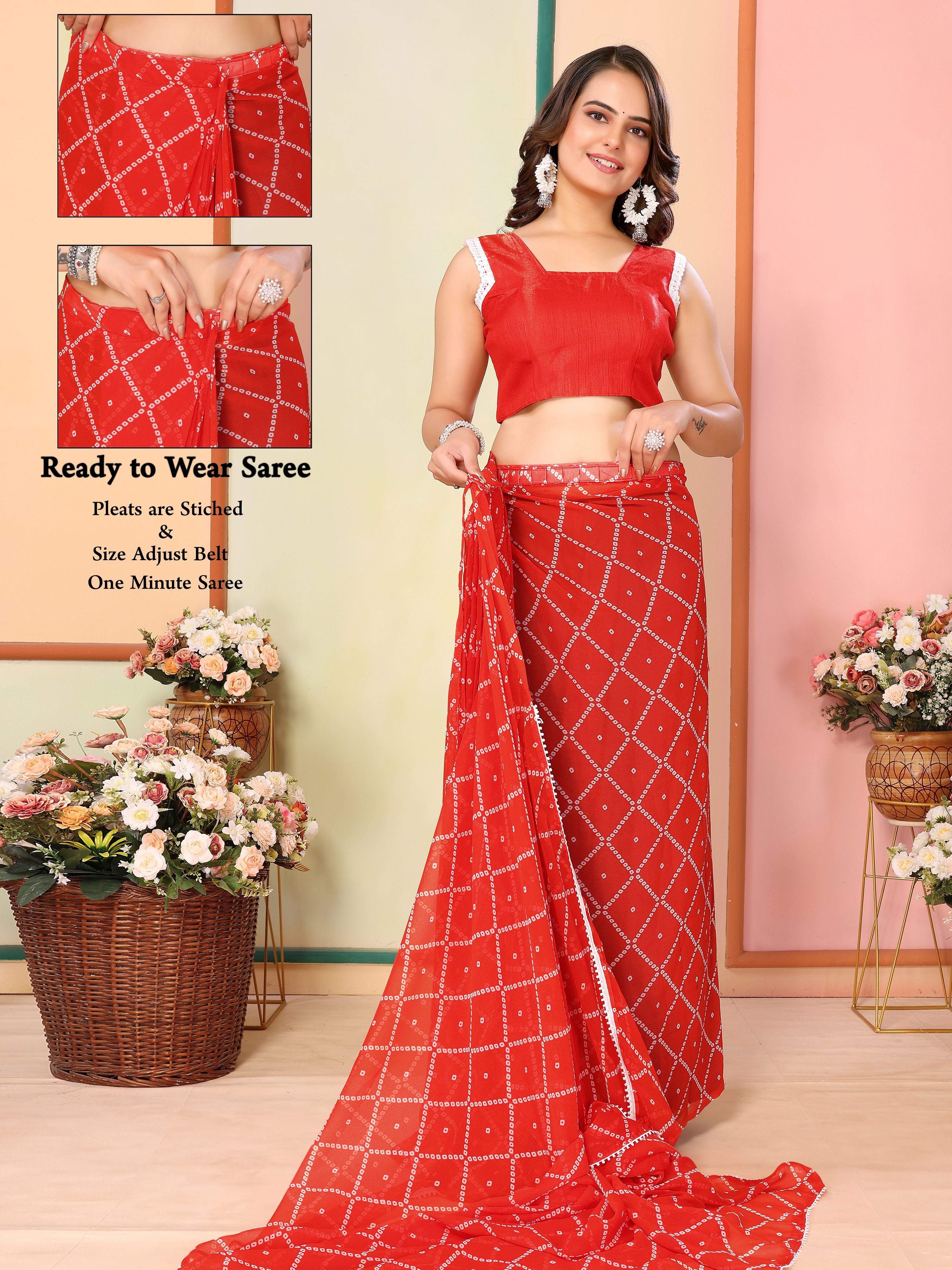 Red Beautiful Pinted Ready To Wear Ethnic Partywear Saree