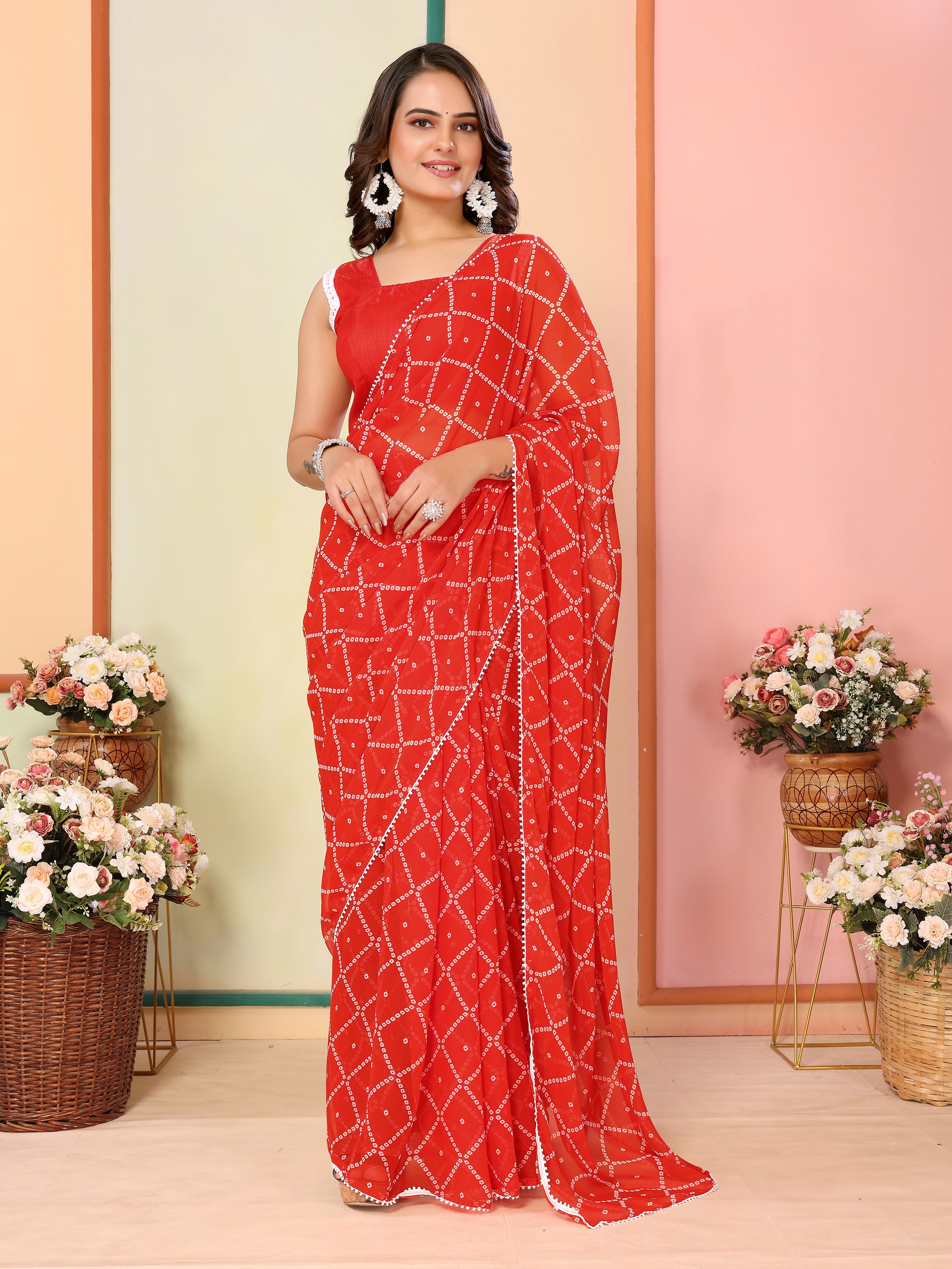 Red Beautiful Pinted Ready To Wear Ethnic Partywear Saree