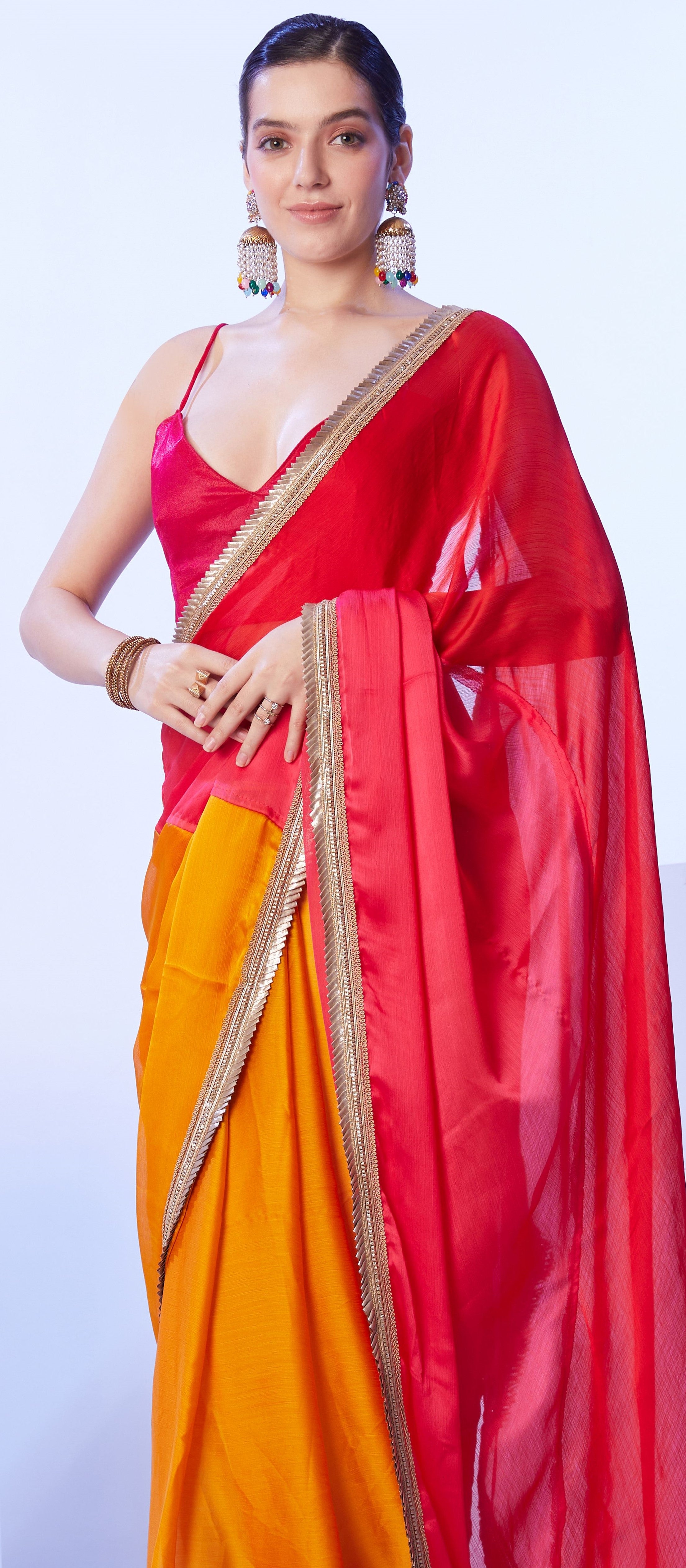 Red Beautiful Satin Moss Solid Designer Bollywood Party Saree