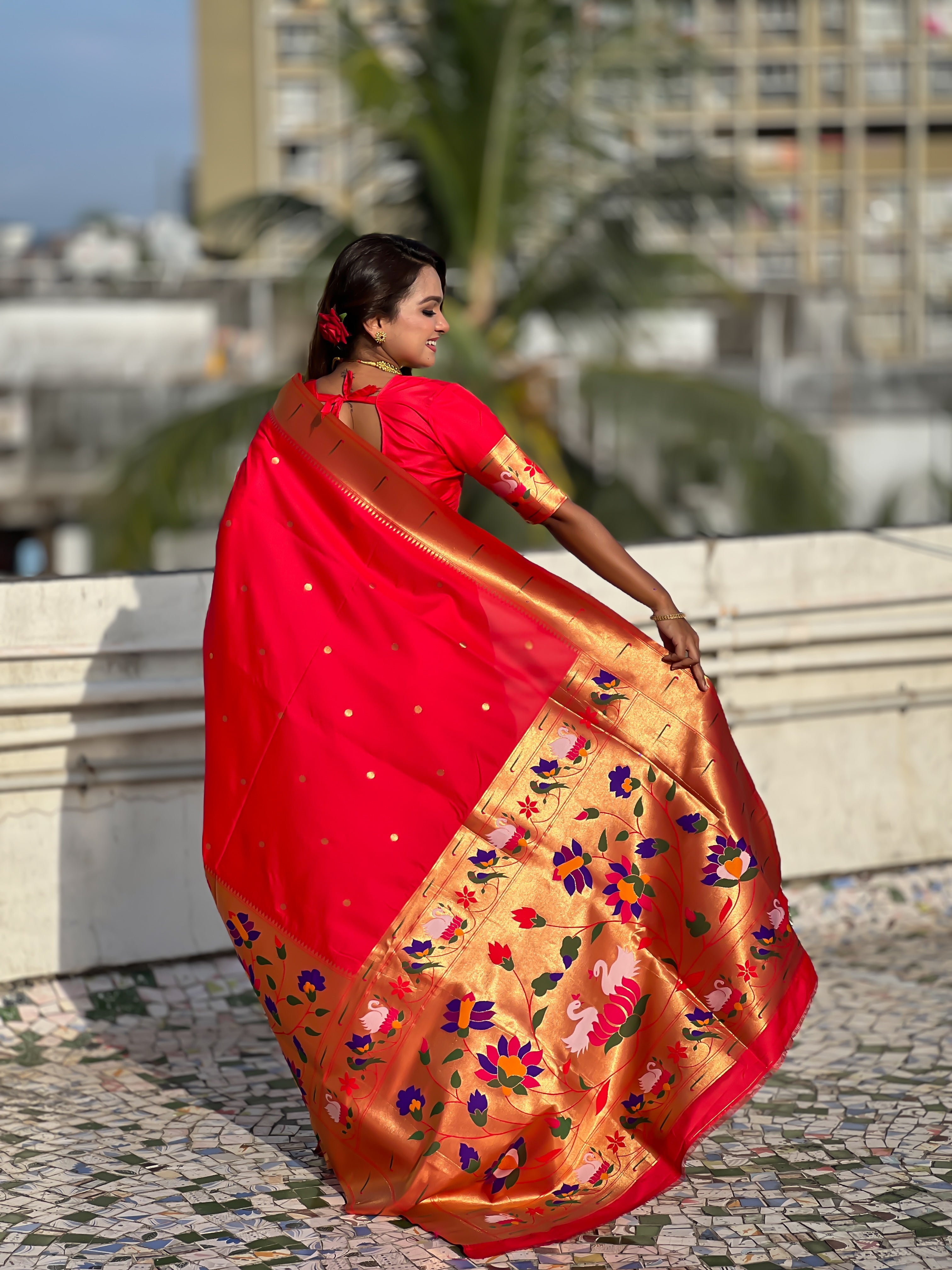 Red Beautiful Woven Meenakari Polka Designer Paithani Silk Ethnic Graceful Saree