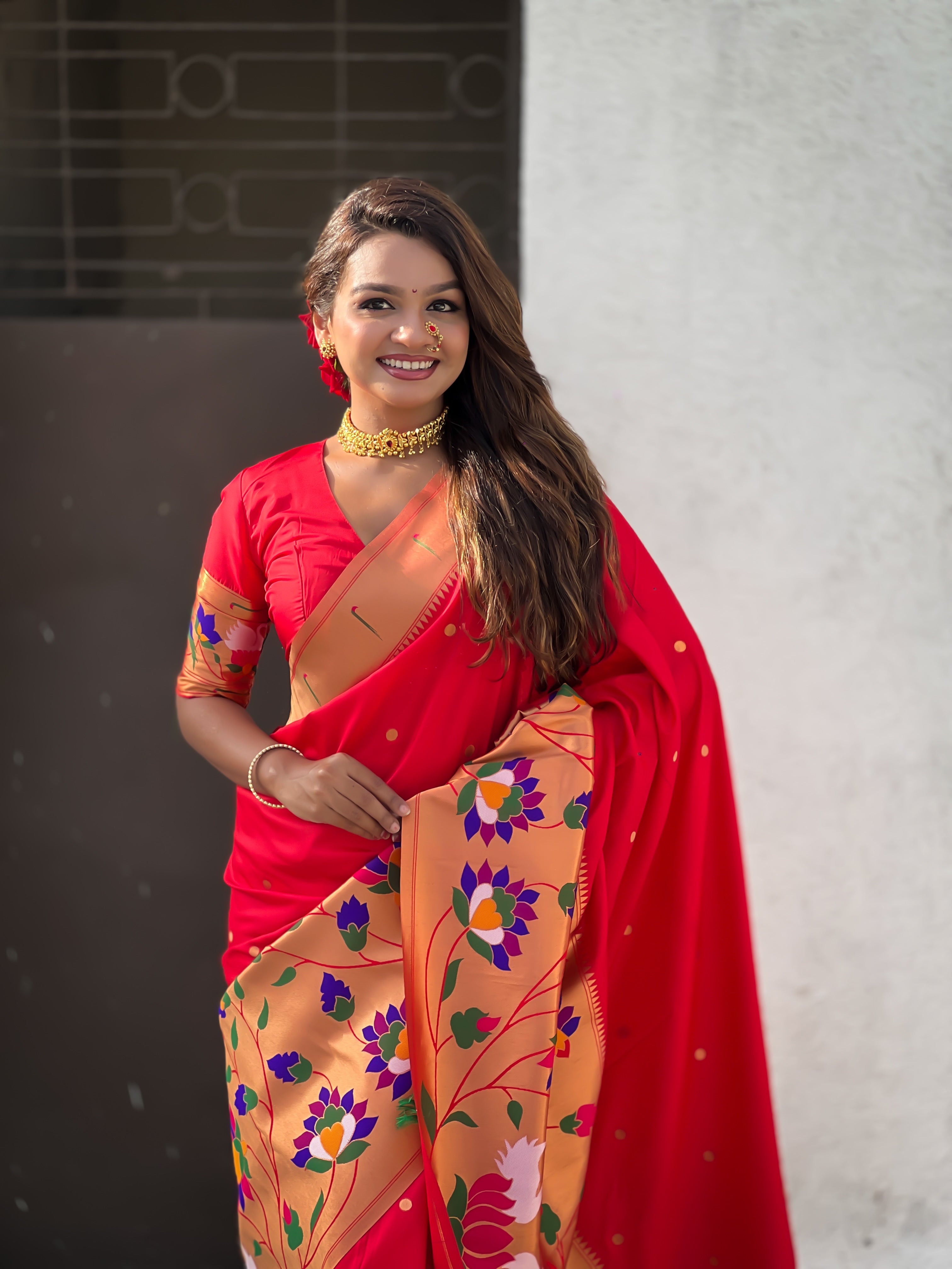 Red Beautiful Woven Meenakari Polka Designer Paithani Silk Ethnic Graceful Saree