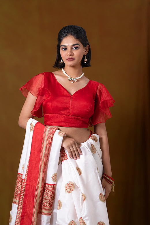 Red Blouse in Organza with A Trapeze Neck And Ruffle Sleeves