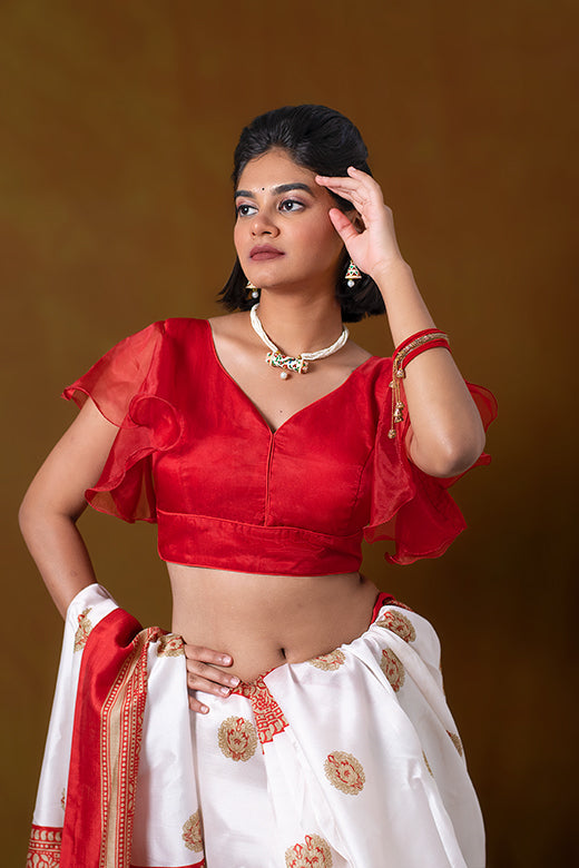 Red Blouse in Organza with A Trapeze Neck And Ruffle Sleeves