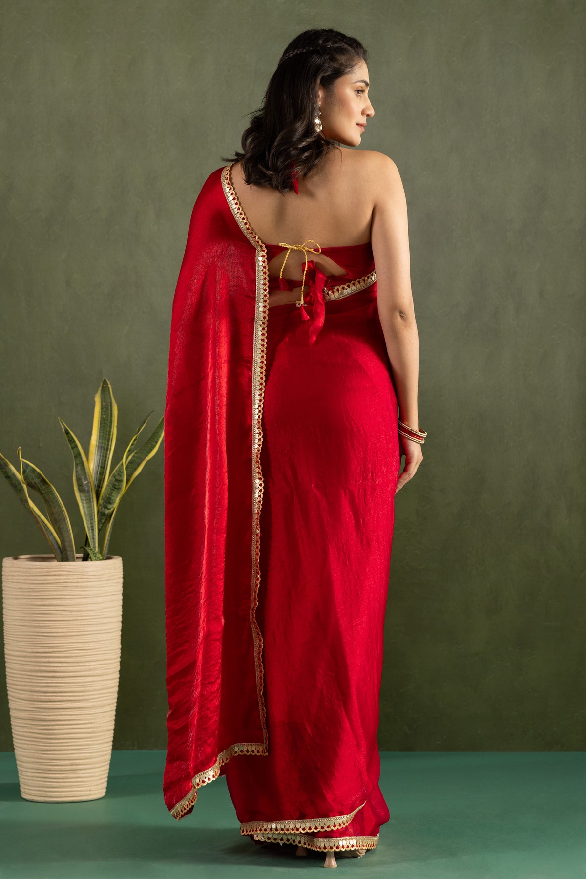 Red Chiffon Ready To Wear Designer Solid Partywear Saree