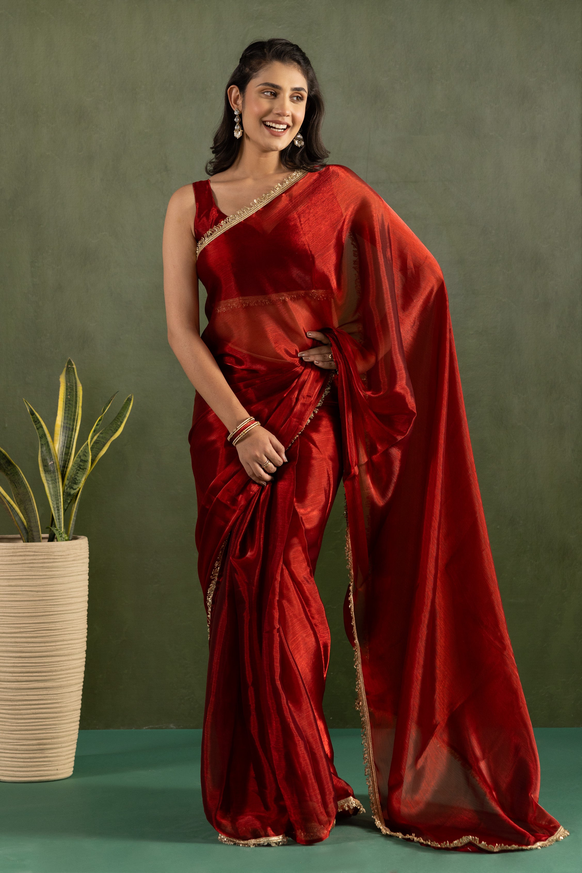 Red Chiffon Ready To Wear Designer Solid Partywear Saree