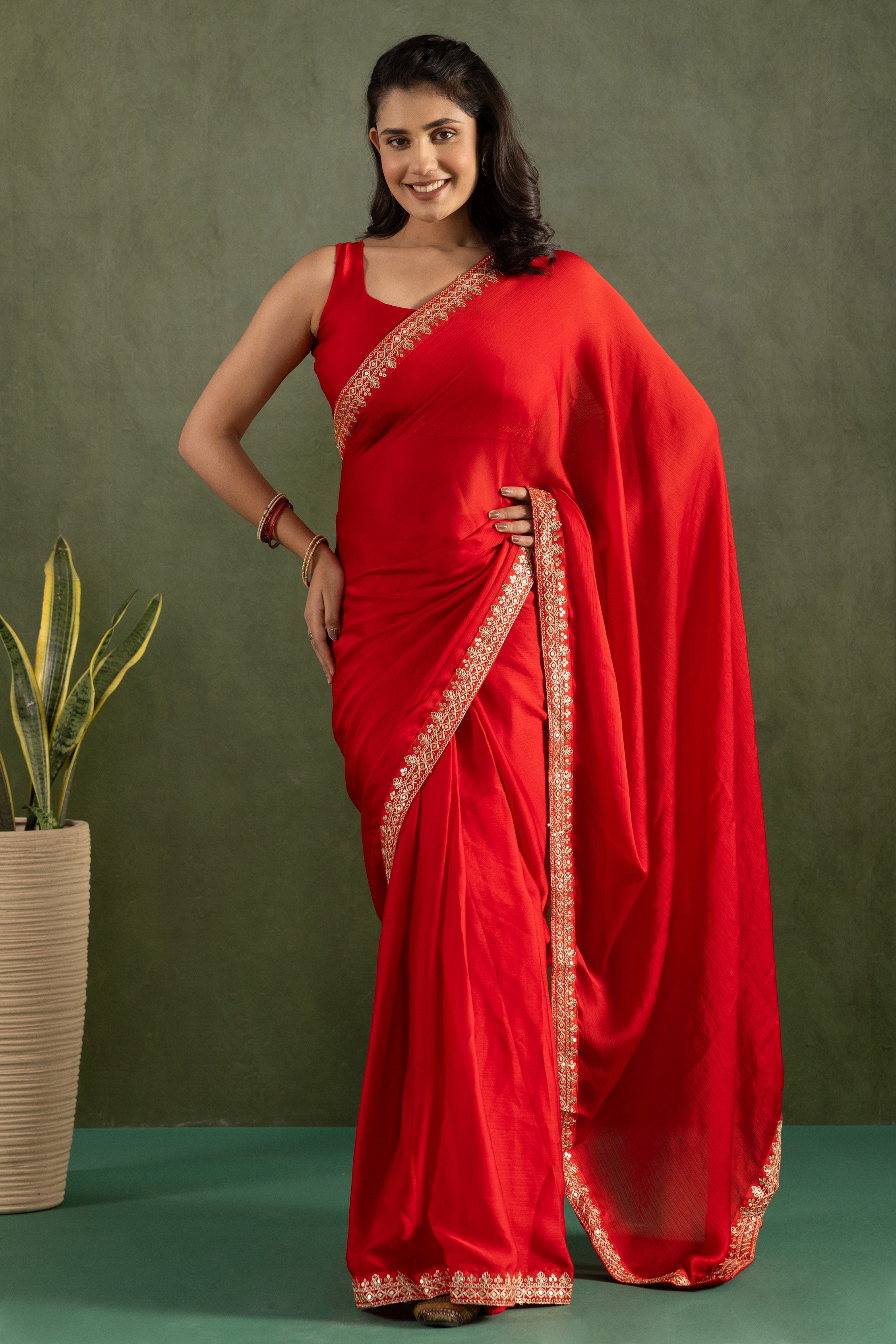 Red Chiffon Ready To Wear Designer Solid Partywear Saree