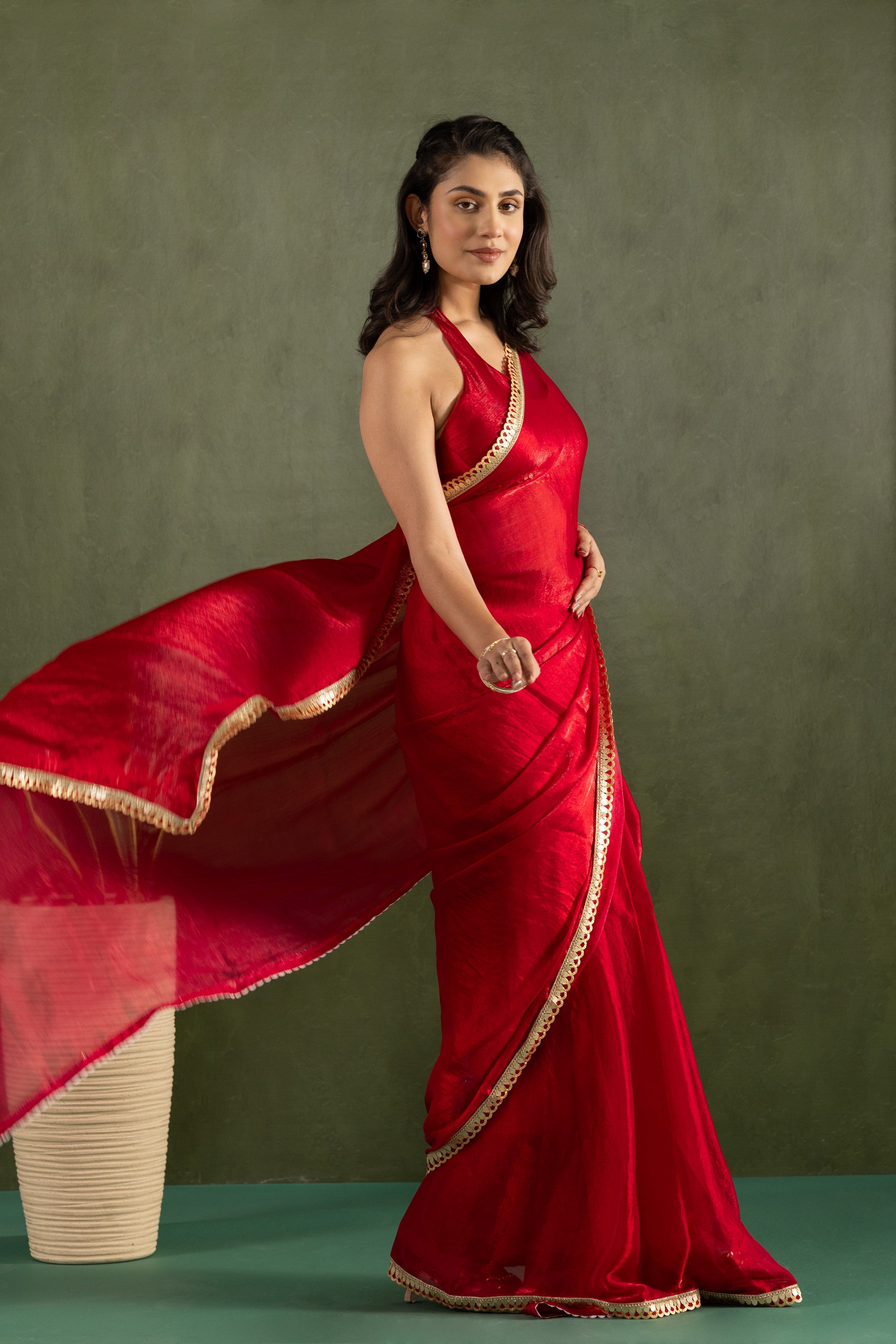 Red Chiffon Ready To Wear Designer Solid Partywear Saree