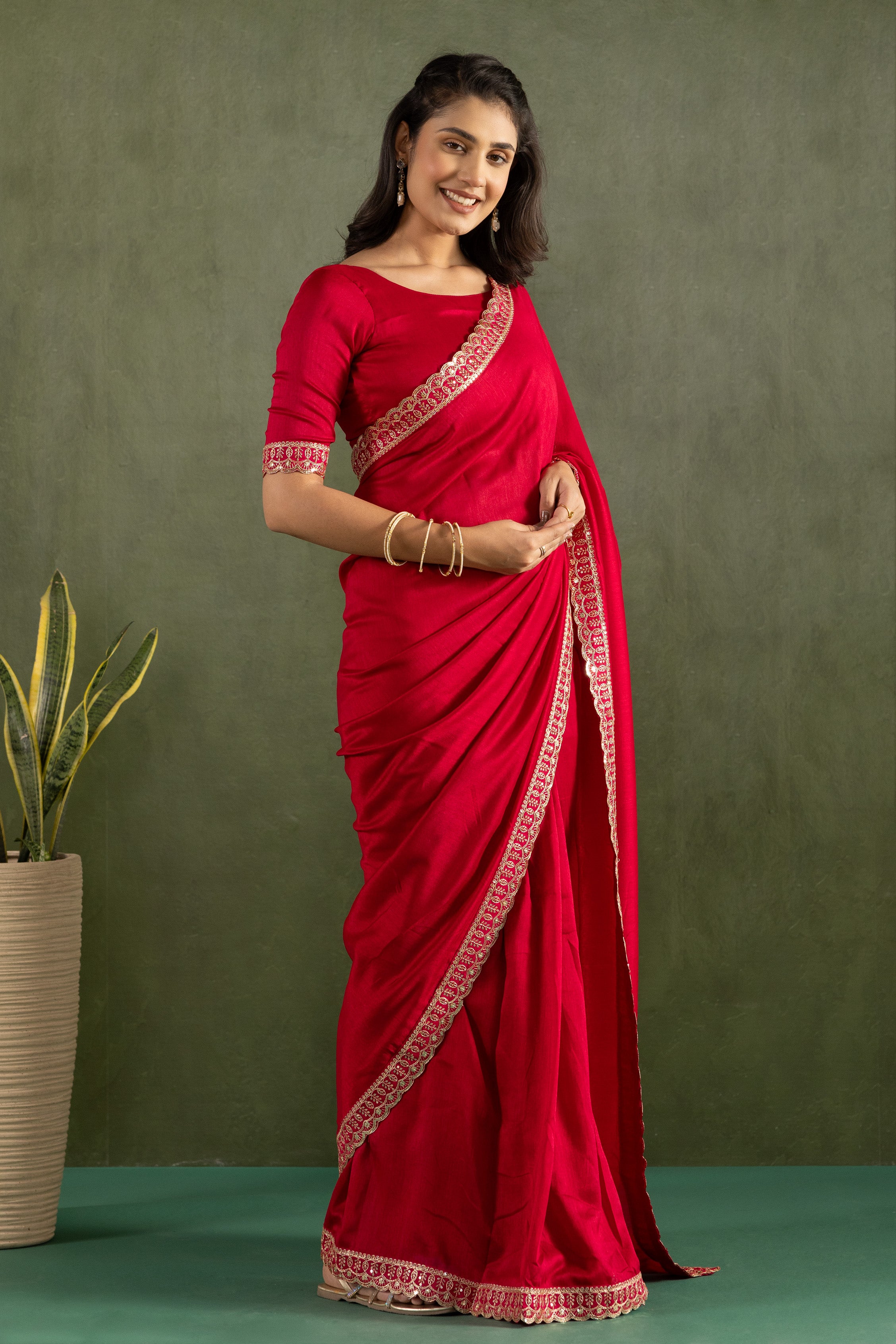 Red Chiffon Ready To Wear Saree For Graceful Bollywood Style Saree