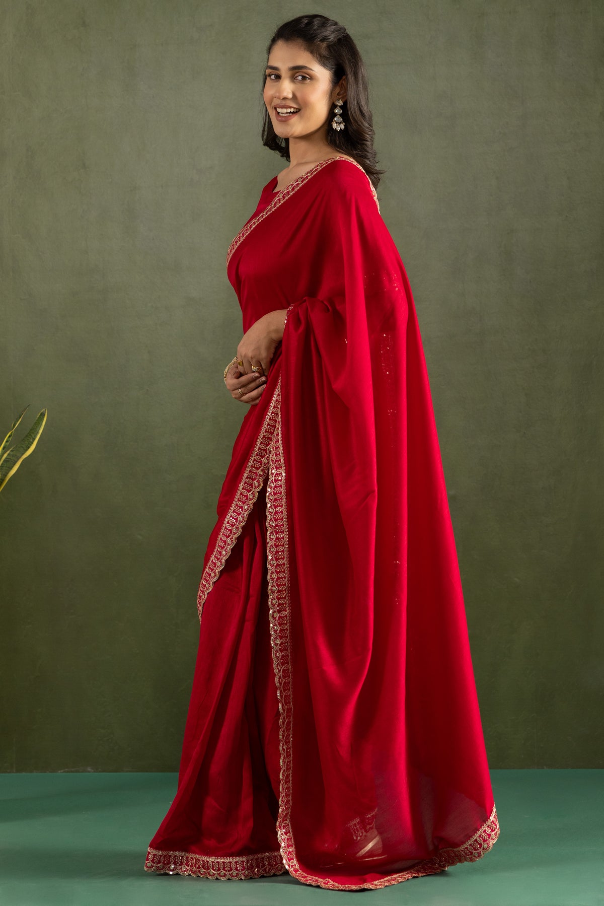 Red Chiffon Ready To Wear Saree For Graceful Bollywood Style Saree
