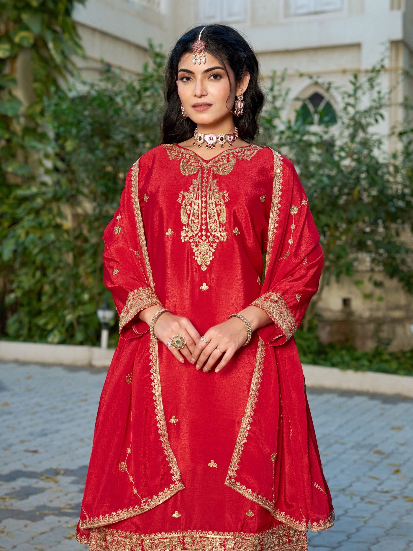Red Chinon Designer Suit Set With Elegant Embroidery