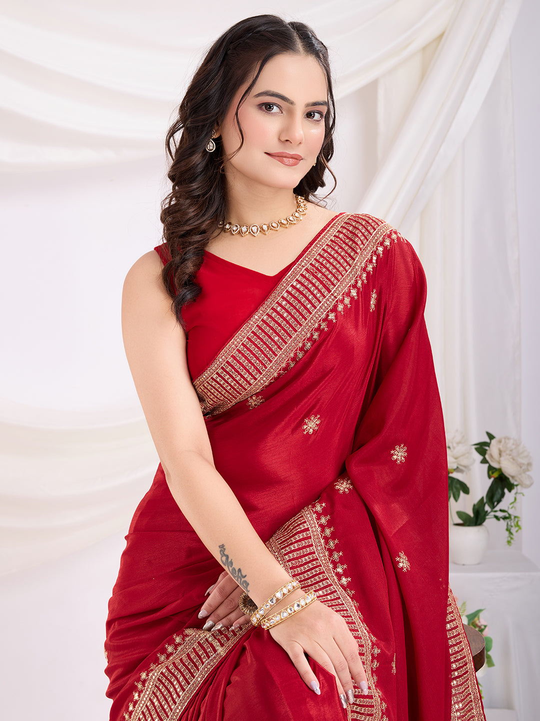 Red Chinon Silk Desigenr Zari Embroidered Ceremonial Saree