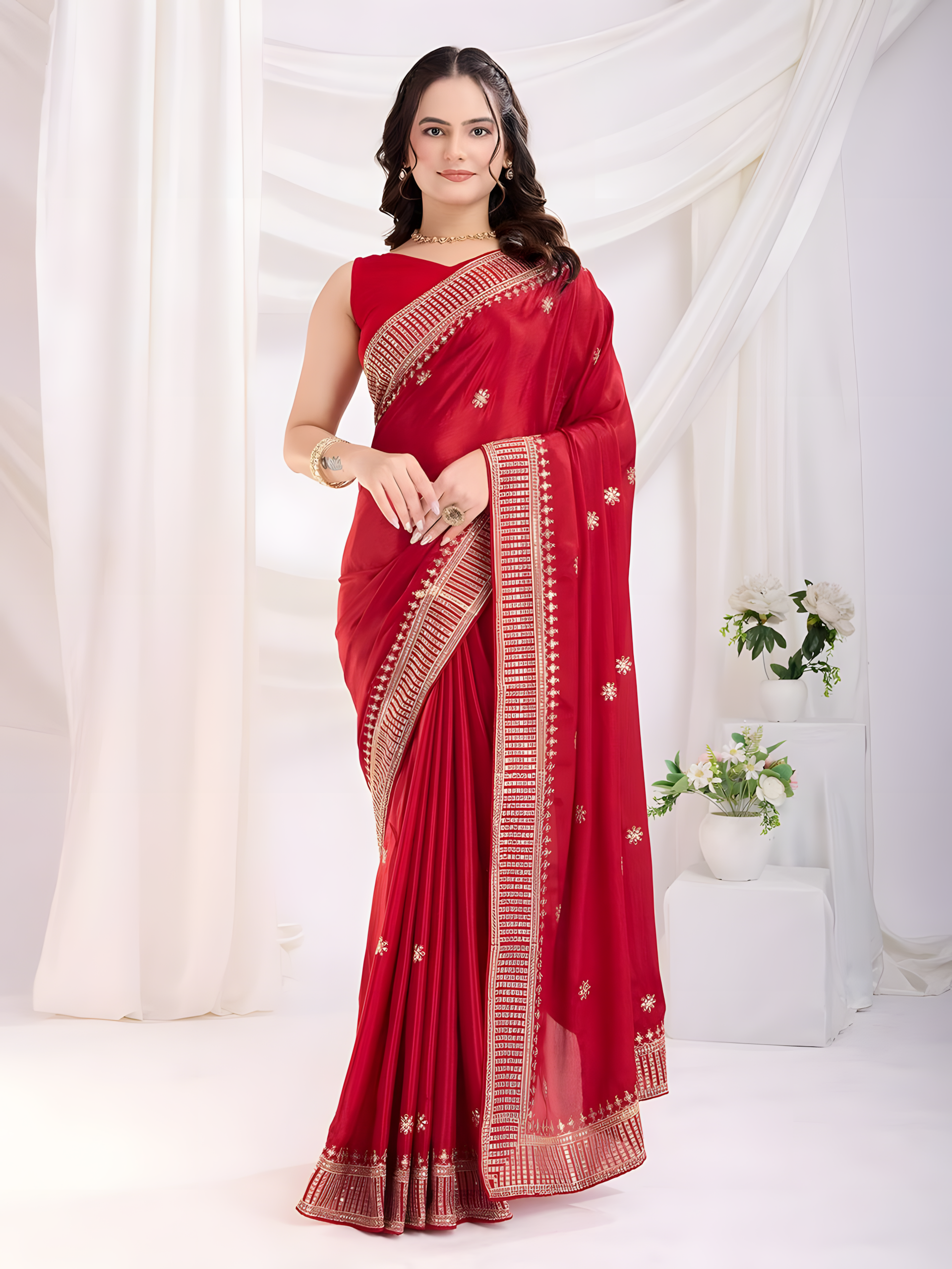 Red Chinon Silk Saree with C pallu all Over Embroidery and Sequins Work