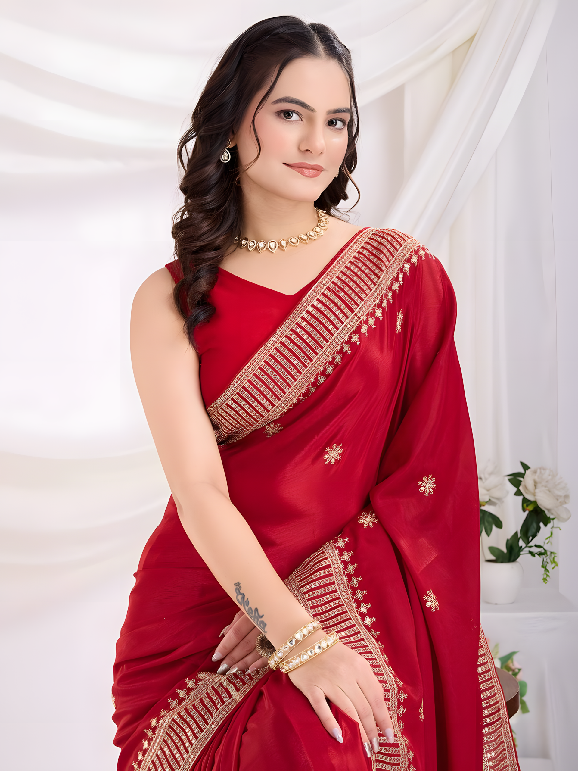 Red Chinon Silk Saree with C pallu all Over Embroidery and Sequins Work