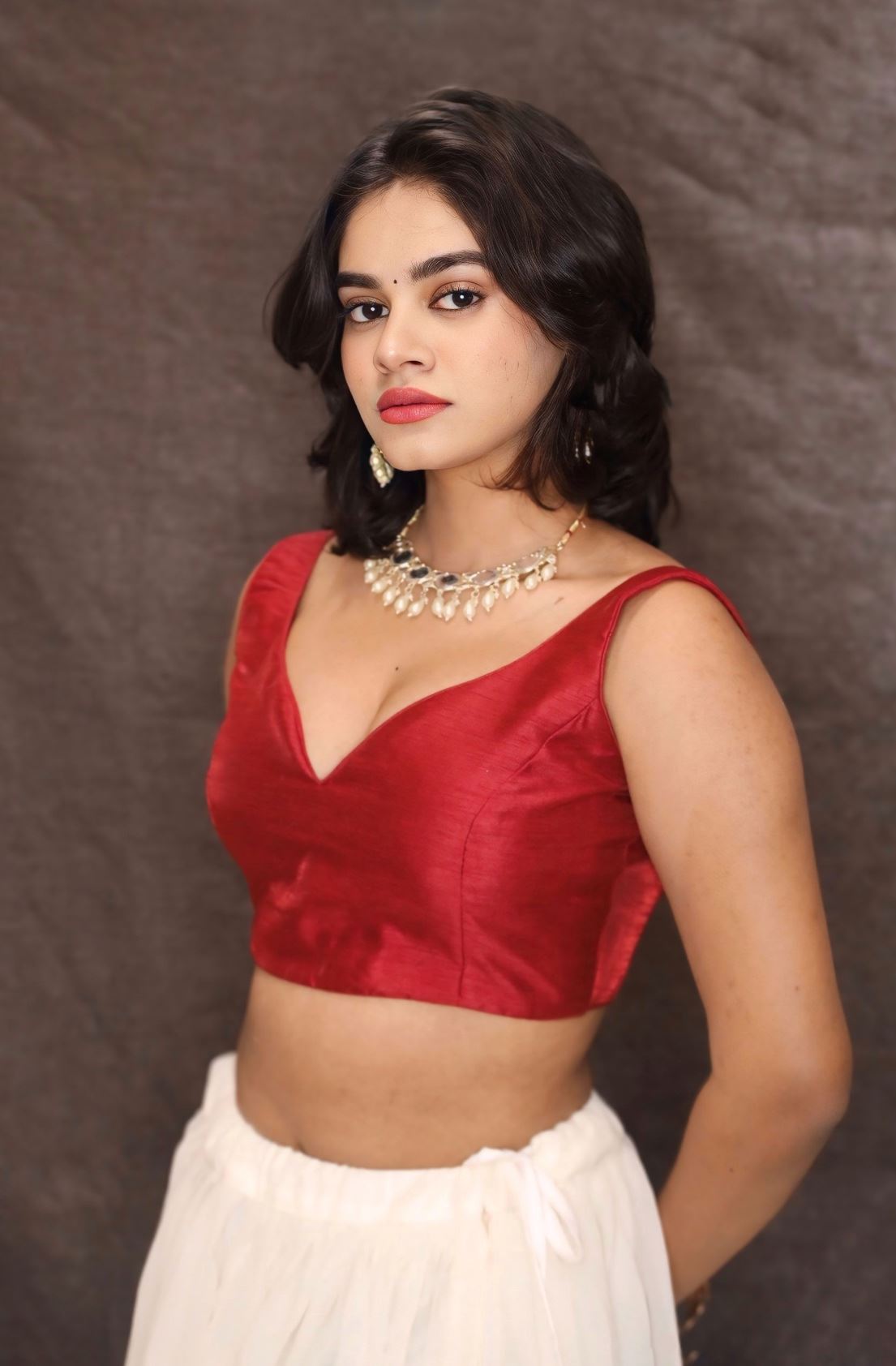 Red Classic Silk V Neckline Blouse With Back Dori