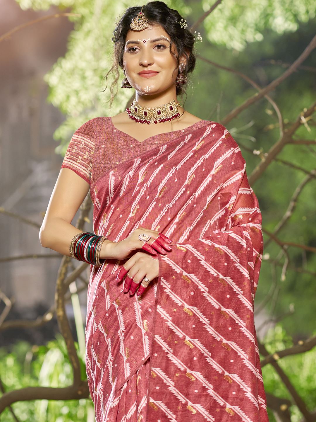 Red Color Leheriya Print Linen Cotton Saree