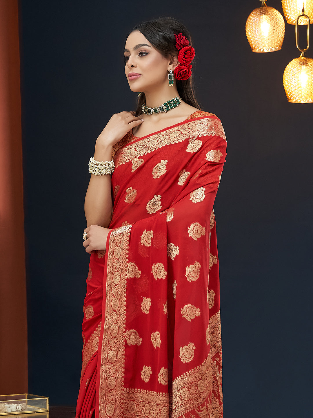 Red Colour Georgette Designer Zari Woven Saree For Partywear Looks