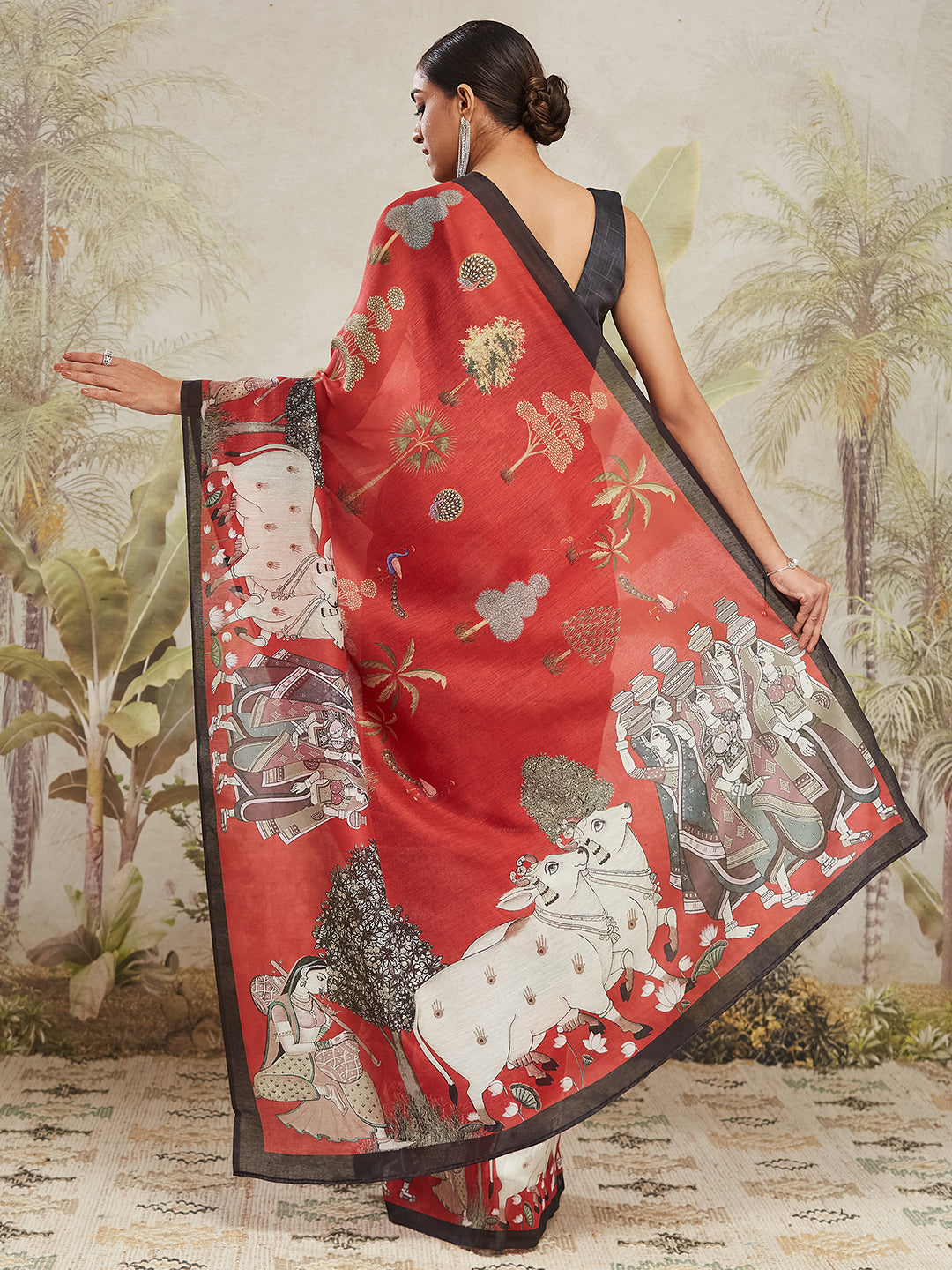 Red Cotton Silk Designer Digital Printed Ethnic Ceremonial Saree