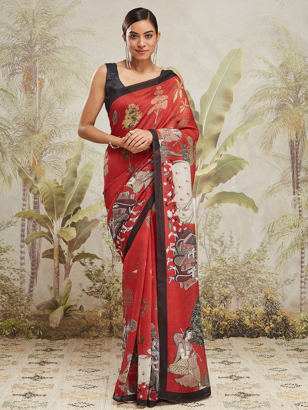 Red Cotton Silk Designer Digital Printed Ethnic Ceremonial Saree