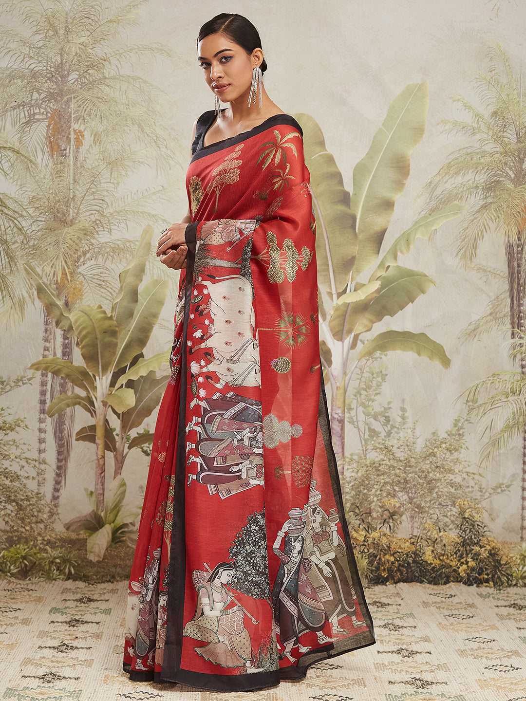 Red Cotton Silk Designer Digital Printed Ethnic Ceremonial Saree