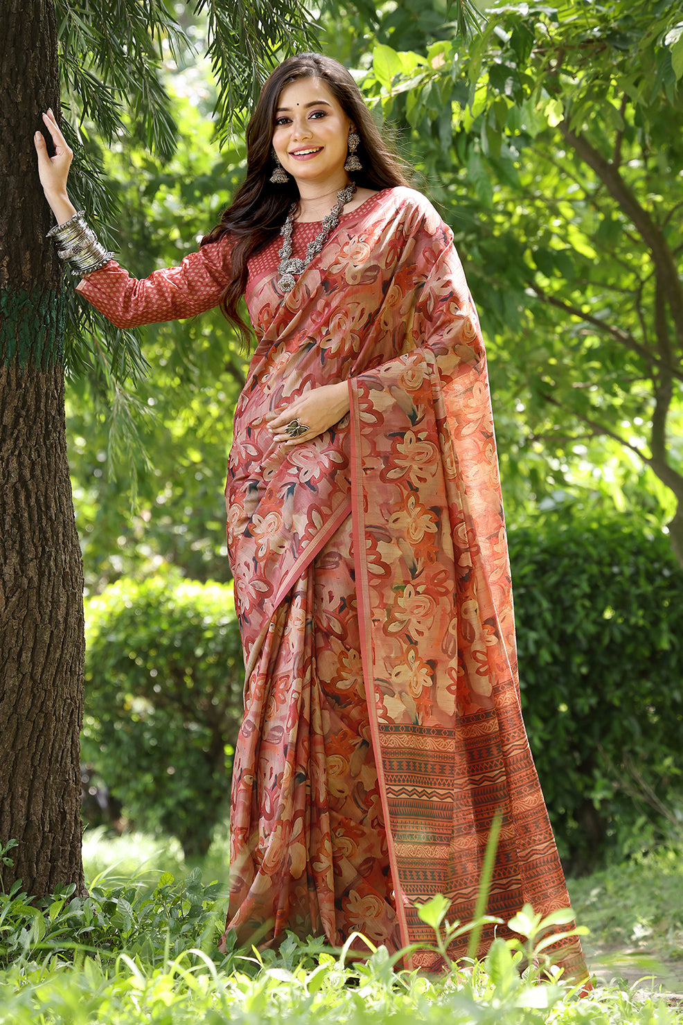 Red Cotton Silk Saree with Floral Print and Printed Pallu