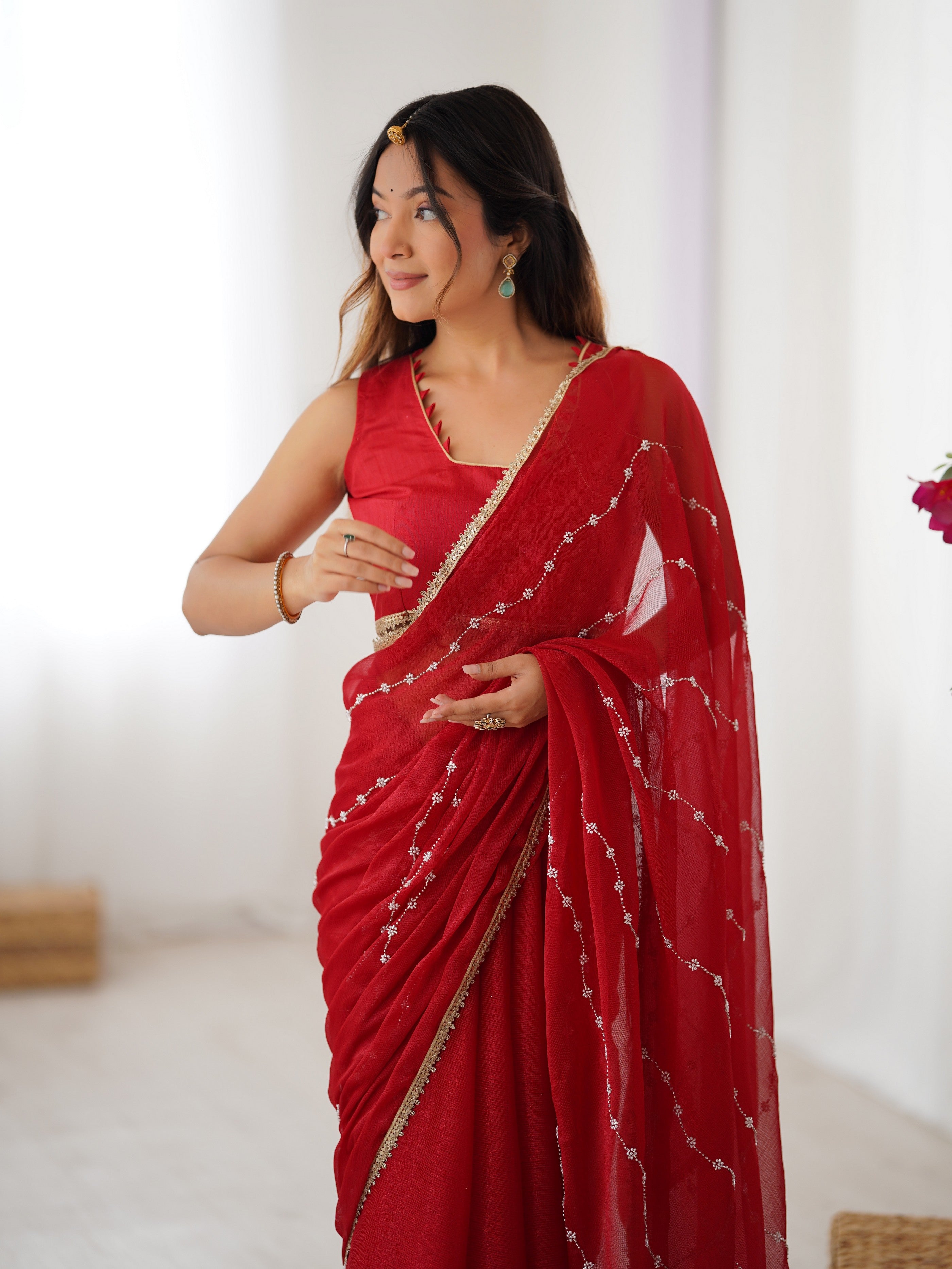 Red Designer Beads Work Sitara Chiffon Girlie Ceremonial Saree