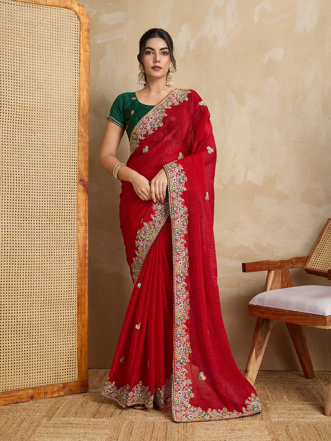 Red Designer Embroidery Work Frendy Chiffon Wedding Ceremony Special Saree