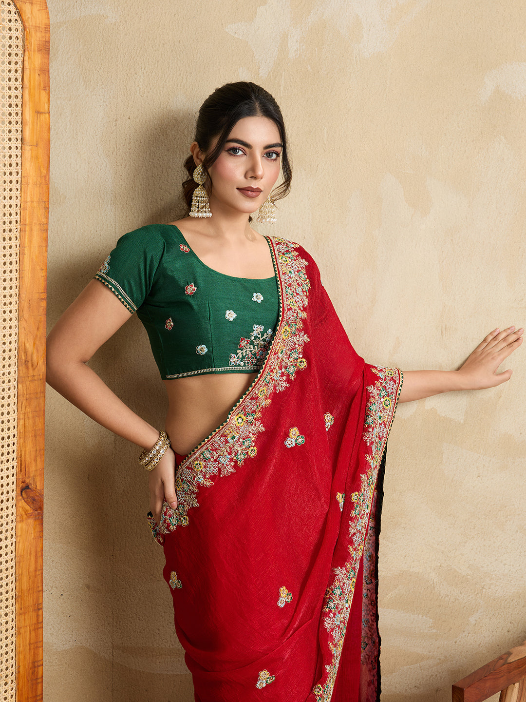 Red Designer Embroidery Work Frendy Chiffon Wedding Ceremony Special Saree