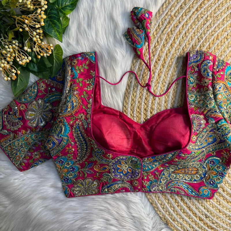 Red Designer Printed Crepe Sweetheart Neck Blouse