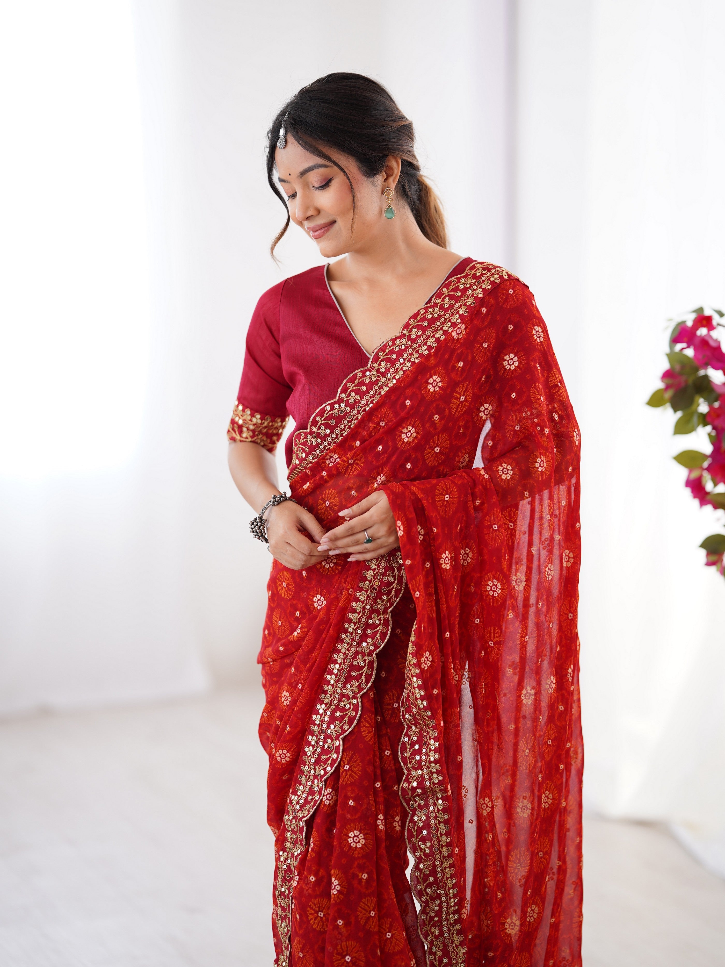 Red Designer Printed With Embroidery Lace Work Georgette Festive Saree