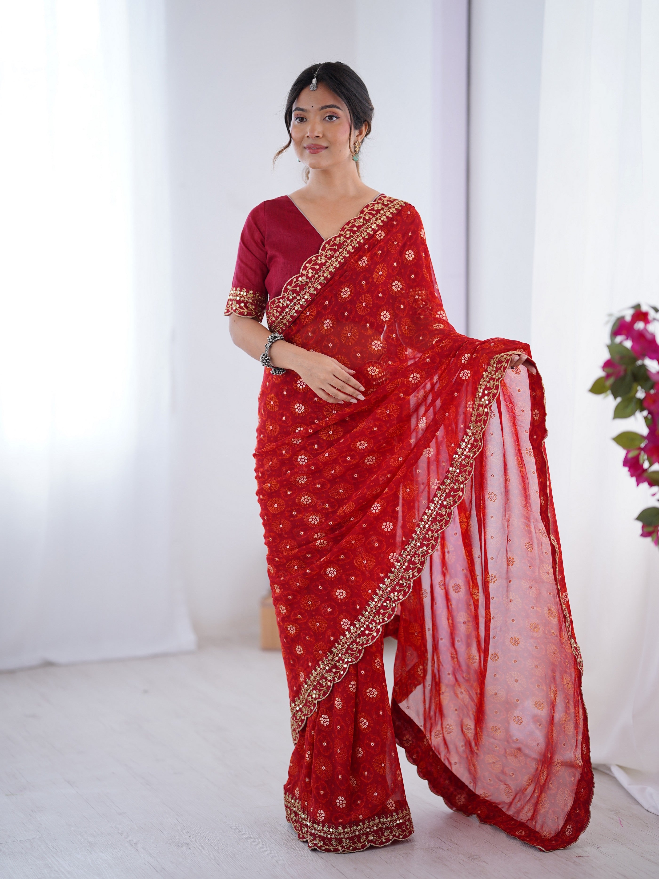 Red Designer Printed With Embroidery Lace Work Georgette Festive Saree