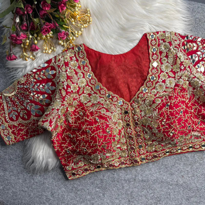 Red Designer Roman Silk Bridal Blouse with Mayur Mirror Work & Sequence Thread Work, Embroidery & Sequins