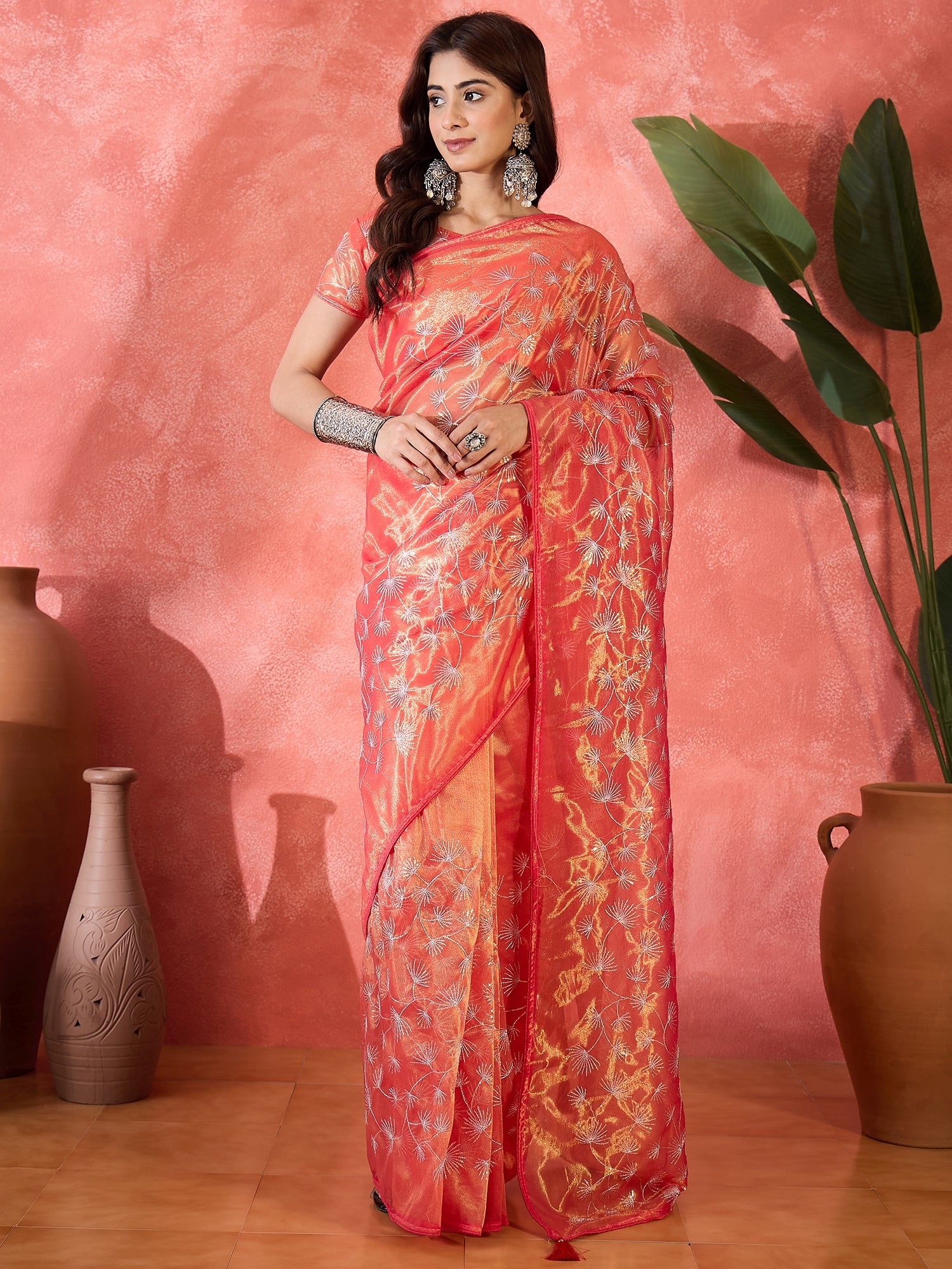 Red Designer Twill Net Sequins Embroidery Work Saree