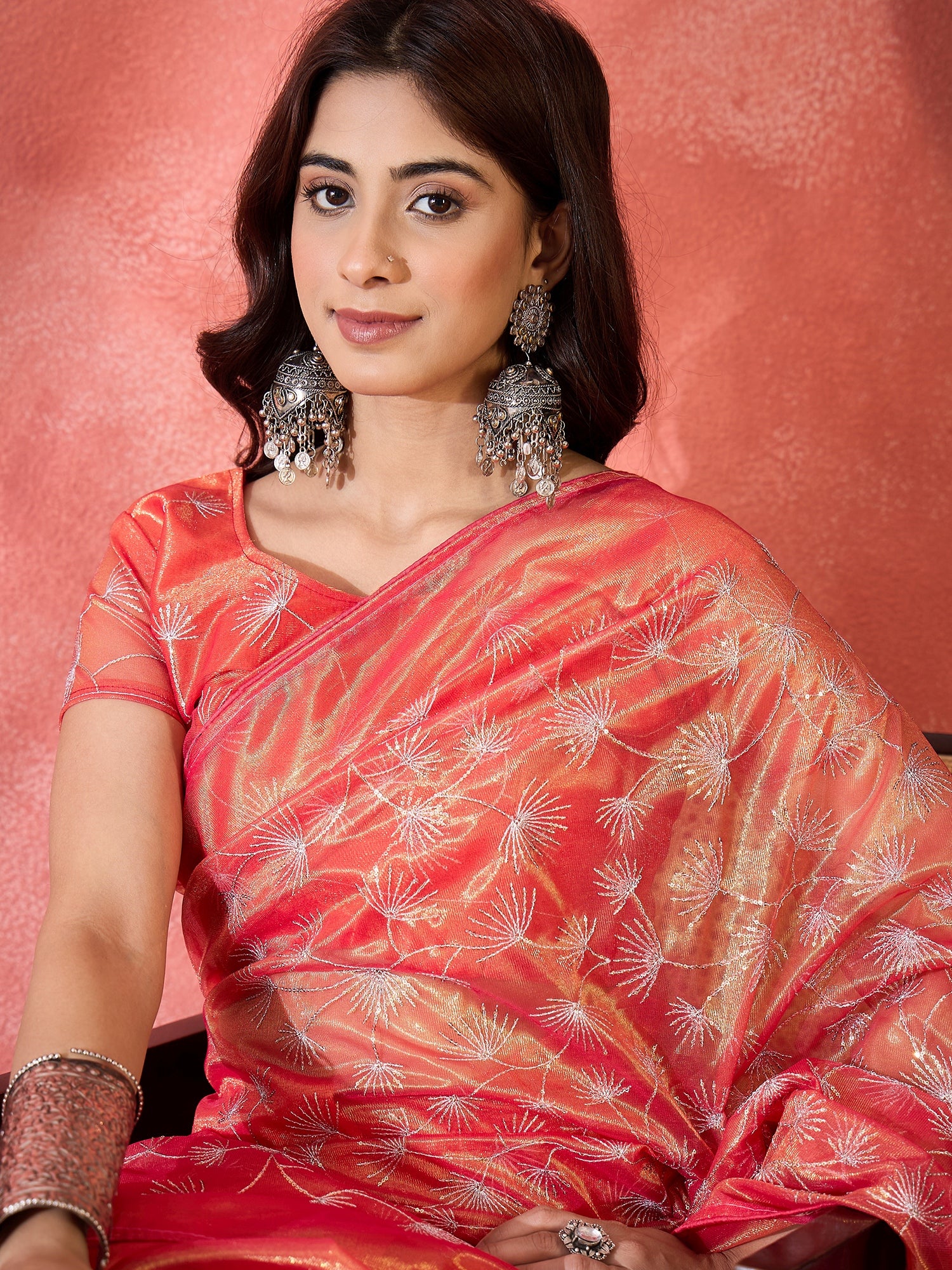 Red Designer Twill Net Sequins Embroidery Work Saree