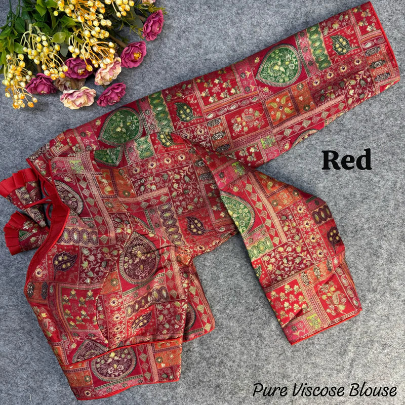 Red Designer Vintage Blouse in Pure Viscose Jacquard with Long Sleeves & Position Print