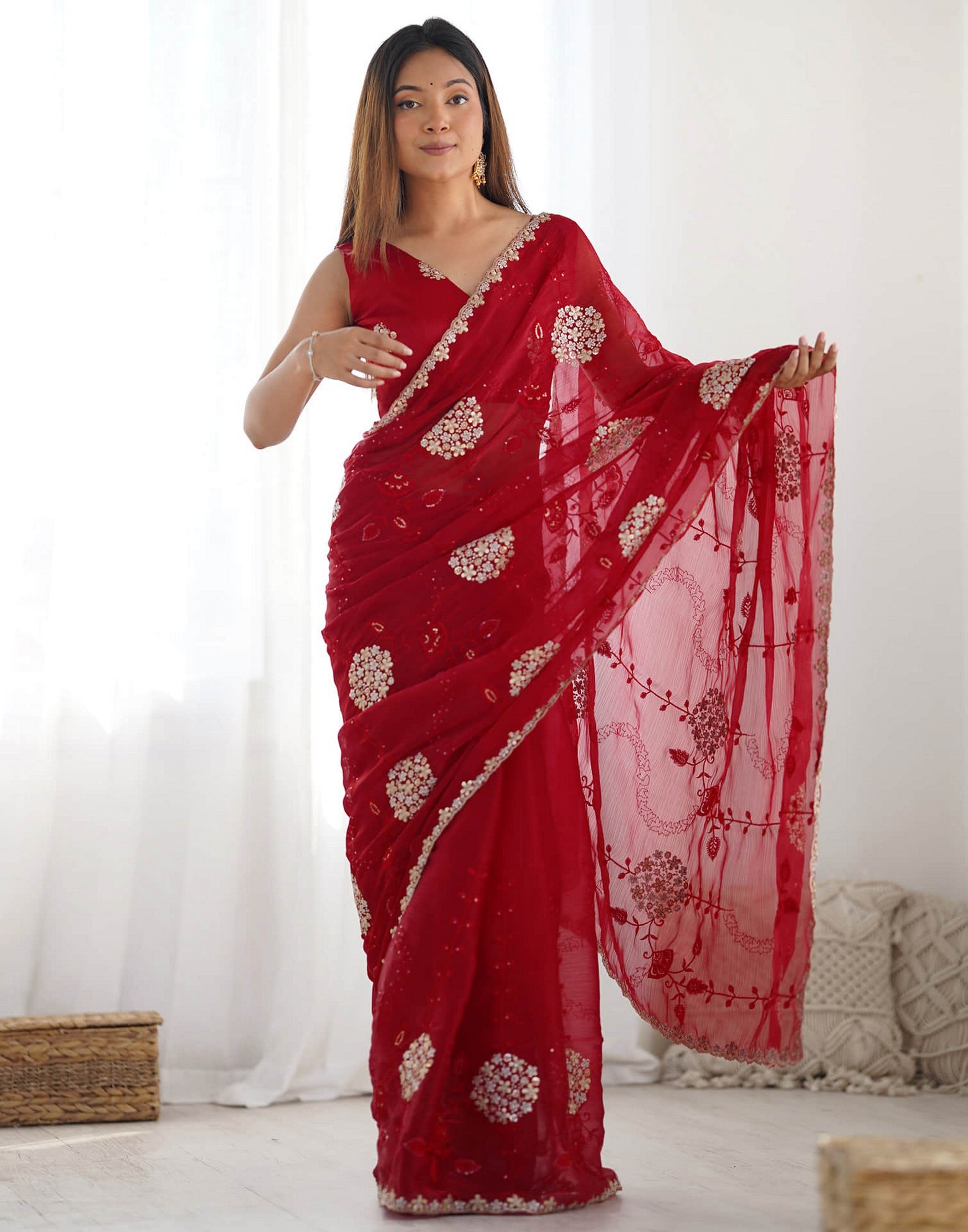 Red Fancy Embroidery Work Jimmy Choo Girlie Bollywood Saree